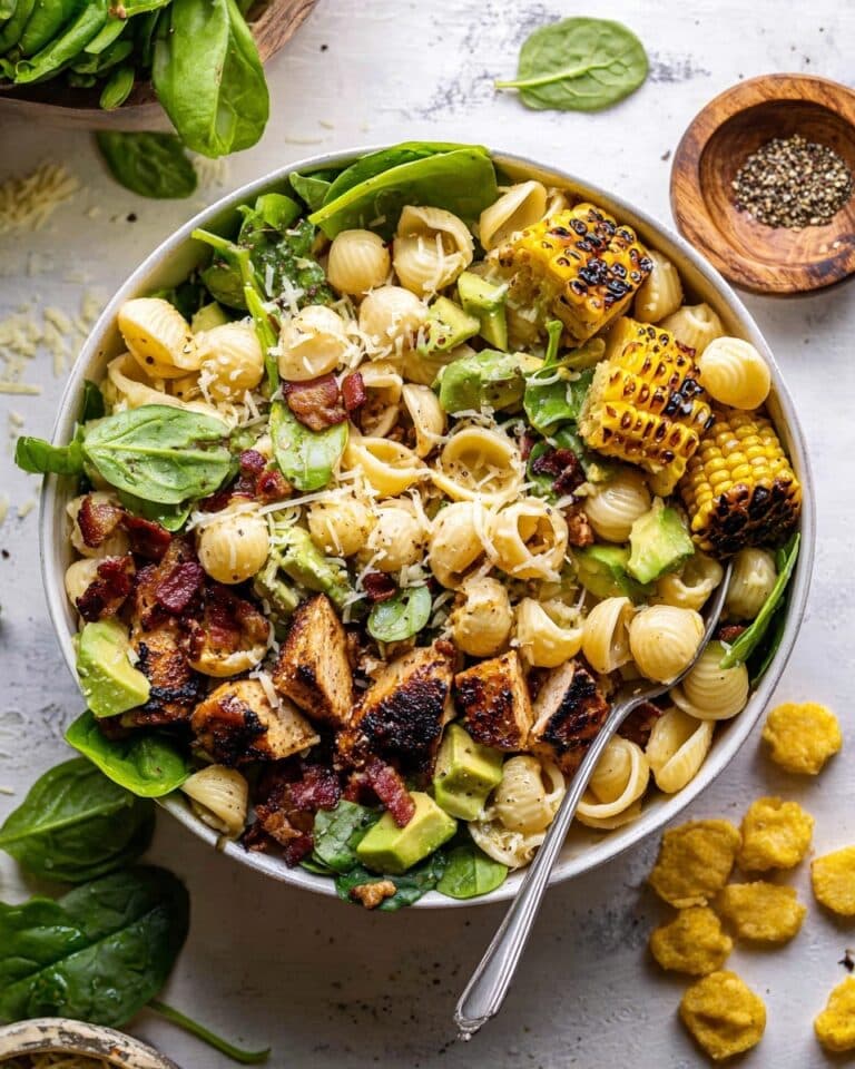 Pesto Chicken, Corn, and Avocado Bacon Pasta Salad Recipe
