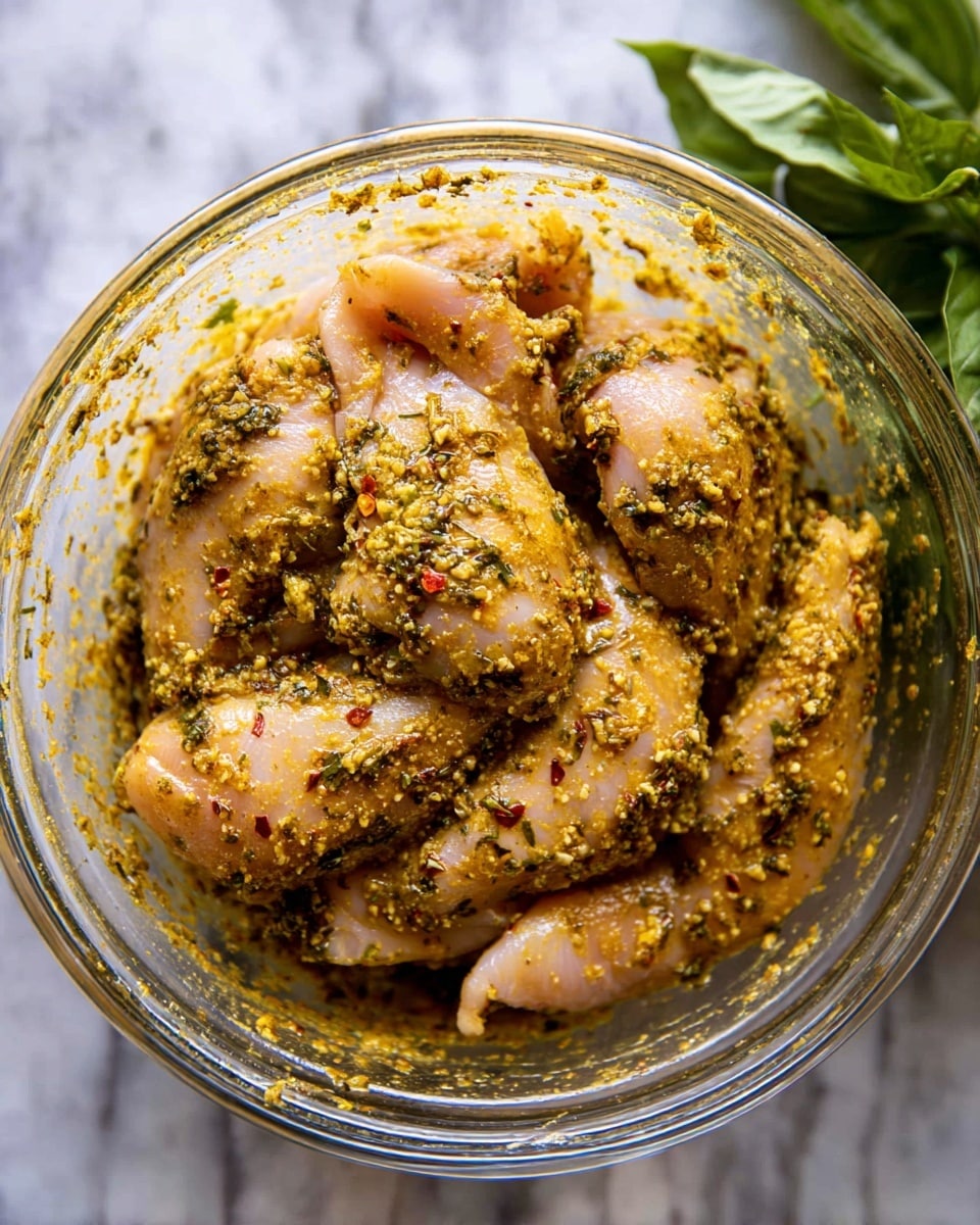 A clear glass bowl filled with multiple pieces of raw chicken covered in a thick, grainy yellow-green marinade with visible spices and herbs, showing some red pepper flakes, resting on a white marbled surface. The chicken pieces are layered tightly inside the bowl with marinade spread unevenly over the top and sides, and fresh green basil leaves are visible in the background to the right. Photo taken with an iphone --ar 4:5 --v 7