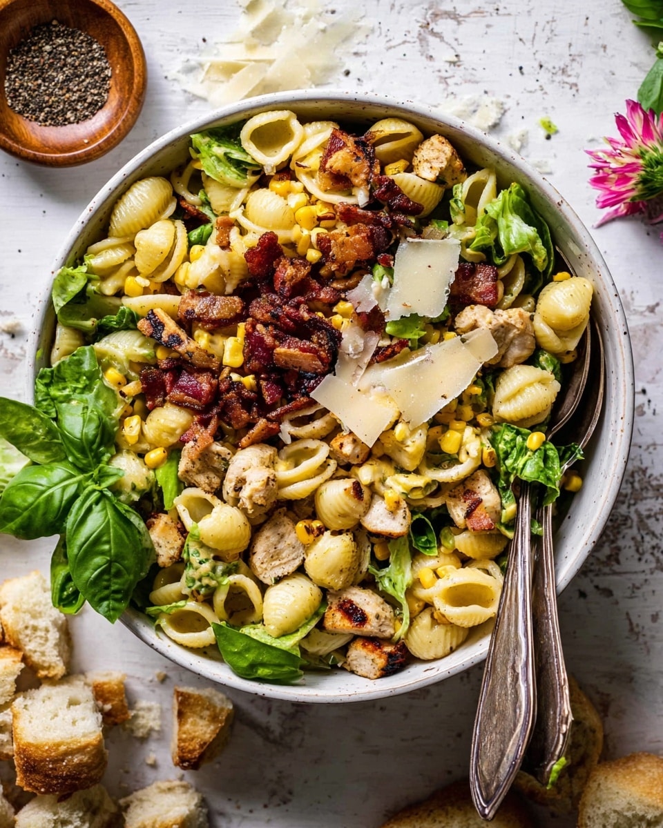 A white bowl is filled with a colorful pasta salad layered with small shell-shaped pasta in light beige, grilled pieces of chicken with dark brown char marks, crispy bacon strips in reddish-brown, bright green fresh spinach and lettuce leaves, and small chunks of avocado in light green. Scattered around are pieces of grilled yellow corn with charred black marks and some pale yellow cheese shavings. A silver spoon rests inside the bowl on the right side, and a few yellow croutons are scattered near the bowl on a white marbled surface. In the background, some green leaves and a small wooden bowl with pepper add fresh decoration. Photo taken with an iphone --ar 4:5 --v 7