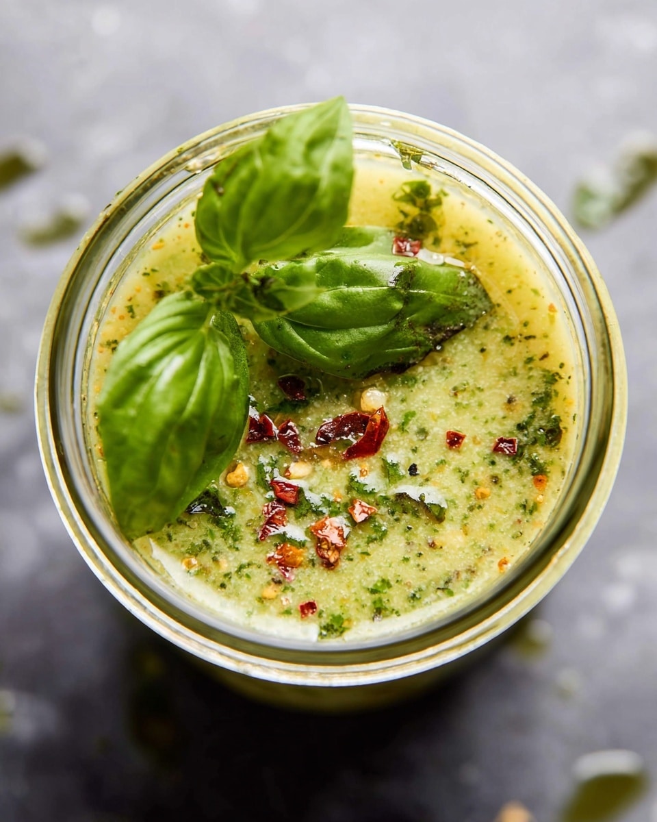 A close-up view inside a clear glass jar filled with a rough textured, pale green sauce that has tiny bits of herbs and spices throughout, topped with fresh bright green basil leaves resting on the surface. There are small pieces of red chili flakes scattered over the sauce near the leaves. The jar's rim shows sauce splatters with green herb bits stuck on it. The background is a smooth white marbled texture. photo taken with an iphone --ar 4:5 --v 7