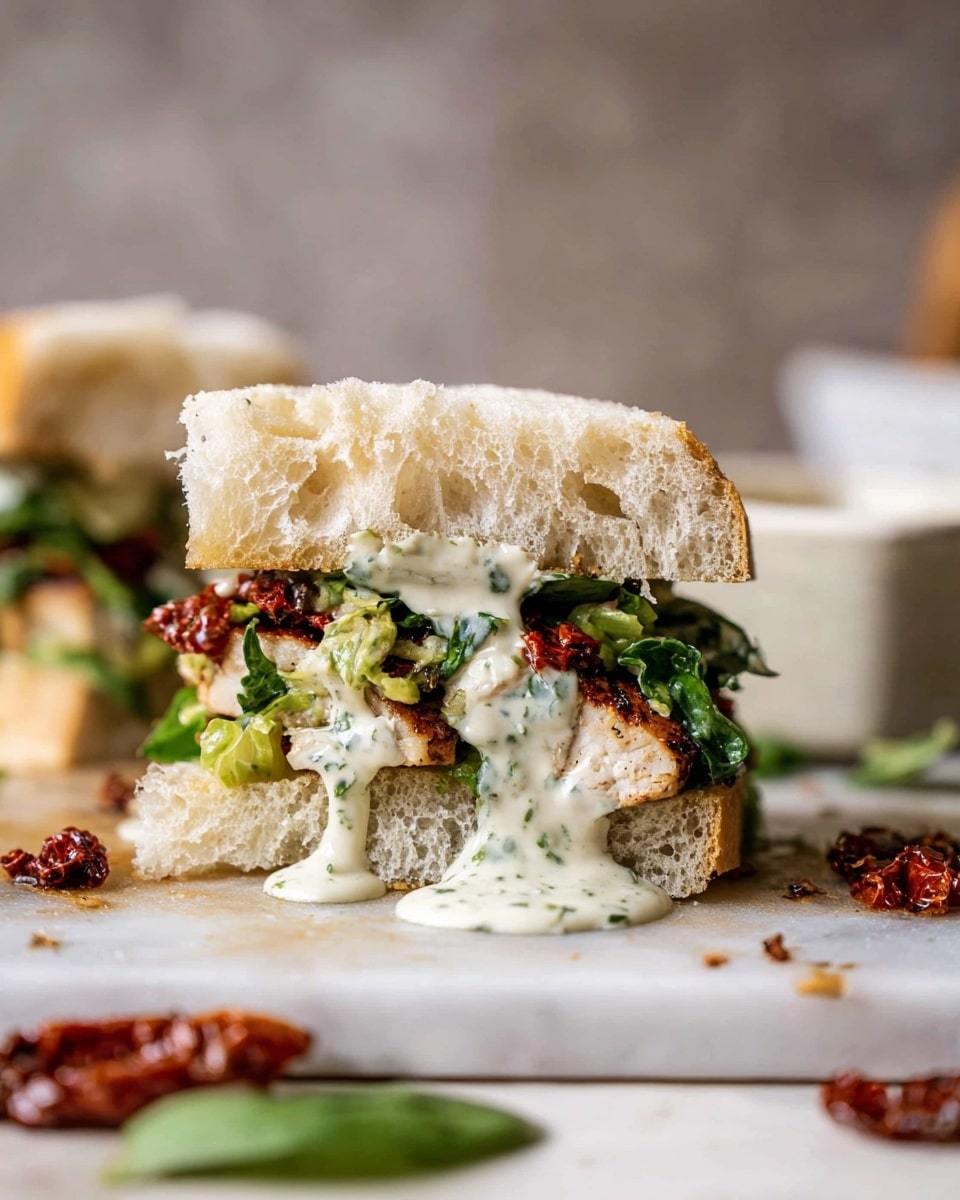 A sandwich is stacked in two halves on a white marbled surface, each half showing five layers. The bottom layer is a thick, airy ciabatta bread with a golden crust and a light, spongy inside. The second layer is a creamy green guacamole mixed with pieces of sun-dried tomatoes, giving patches of dark red color. Above that, there are fresh, finely chopped green greens spread evenly. The fourth layer is a slice of grilled chicken with a light brown, slightly charred surface. The top layer is the other half of the ciabatta bread, similar in texture to the bottom. A small sprig of fresh basil is placed on the top sandwich, adding a bright green touch. Some guacamole and sun-dried tomatoes fall beside the sandwich on the white marbled surface. The lighting is natural and soft, making the textures clear and fresh. Photo taken with an iphone --ar 4:5 --v 7