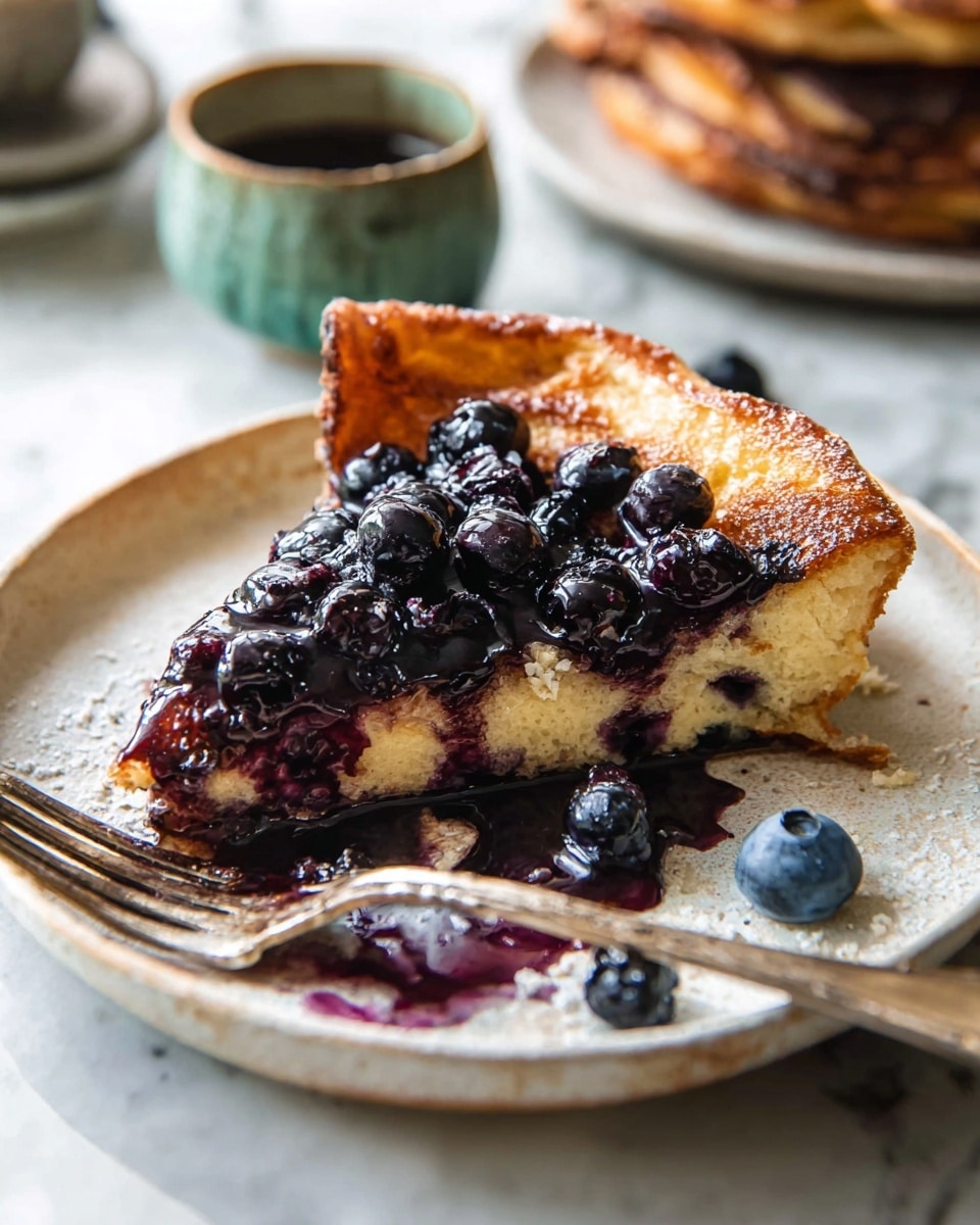 A close-up of a piece of light golden brown pancake that is thick with a crispy edge folding over, filled with dark purple blueberry syrup and whole shiny blueberries on top and inside. The pancake sits on a white plate with a slight texture, next to a silver fork that is resting on the plate near a few extra blueberries and syrup drops. The background shows a white marbled surface with blurred dishes and a cup. The lighting is natural, highlighting the moist texture of the pancake and the glossy blueberries, with syrup pooling slightly around the edges. Photo taken with an iphone --ar 4:5 --v 7