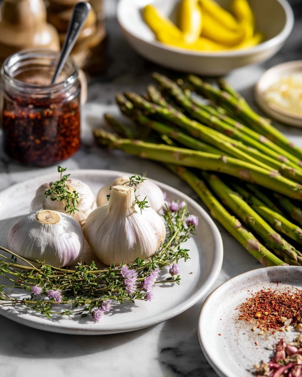 The image shows a white plate with two whole bulbs of garlic topped with small sprigs of fresh green thyme with tiny purple flowers, placed on a white marbled surface. To the right, there is a bunch of bright green asparagus with purple tips arranged in a neat row. Behind the plate, there is a glass jar filled with a dark red spice mixture and a silver spoon inside. To the right of the jar, there is another white plate with a mix of red and green dried spices scattered on it. In the background, slightly blurred, there is a white bowl filled with bright yellow lemon wedges and another white plate with two yellow pickled peppers. The lighting is natural and bright, highlighting the textures and colors of the ingredients. photo taken with an iphone --ar 4:5 --v 7