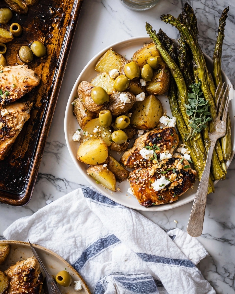 A white baking tray filled with golden brown cooked chicken pieces as the base layer, each coated with sesame seeds and small green herb bits. On top of this are whole roasted baby potatoes, showing a light brown crispy skin. Bright green roasted asparagus stalks lie over the chicken and potatoes, with some cut in half to show their soft inside. Scattered across the dish are halved green olives mixed with small white chunks of cheese and sprinkled fresh green herbs. Two shiny silver serving spoons rest at the bottom left on the tray, and a silver fork with small green herb sprigs pokes a potato piece on the right. The tray sits on a white marbled surface, with a white bowl on the right containing lemon slices, green olives, and some cheese. photo taken with an iphone --ar 4:5 --v 7