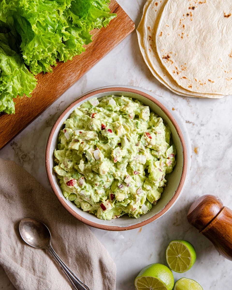 Two wraps are stacked on a white marbled surface, each cut to show three inner layers: a light beige soft tortilla on the outside, followed by a fresh light green lettuce layer, and then a filling of chunky white chicken pieces mixed with creamy light green avocado and small crispy dark brown bacon bits; there are visible red tomato slices adding a pop of color in the filling. Small bacon bits are scattered around the wraps, and a blurred wooden pepper grinder and white bowl with a green dip sit softly in the background. photo taken with an iphone --ar 4:5 --v 7