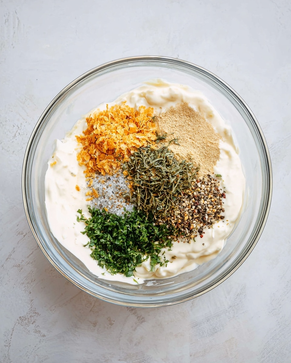 A clear glass bowl sits on a white marbled surface, filled with a creamy white base that looks smooth and thick. On top, there are five different piles of dry ingredients arranged separately but close: bright orange crushed flakes on the left, light brown powder just below that, dark green dried herbs in the top middle, finely chopped fresh bright green herbs below the dried ones, and a small pile of mixed black and white pepper next to the dried herbs. The clear bowl's round shape and the colorful layers create a fresh and clean look. photo taken with an iphone --ar 4:5 --v 7