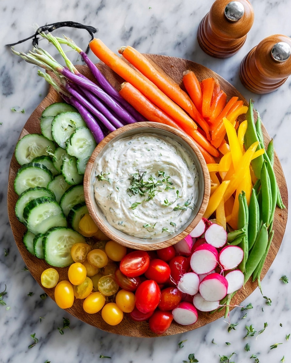 A round wooden board sits on a white marbled surface, holding a colorful arrangement of fresh vegetables and a bowl of creamy white dip topped with small green herbs in the center. Surrounding the bowl are layers of sliced cucumber, whole purple, yellow, and orange carrots, thinly sliced radishes with white centers and pink edges, bright green snap peas, yellow cherry tomatoes, and red cherry tomatoes still on their stems, all neatly arranged in sections that fan out from the dip. Two wooden pepper grinders are placed on the marbled surface near the top right corner, adding to the fresh and natural feel of the scene. Photo taken with an iphone --ar 4:5 --v 7