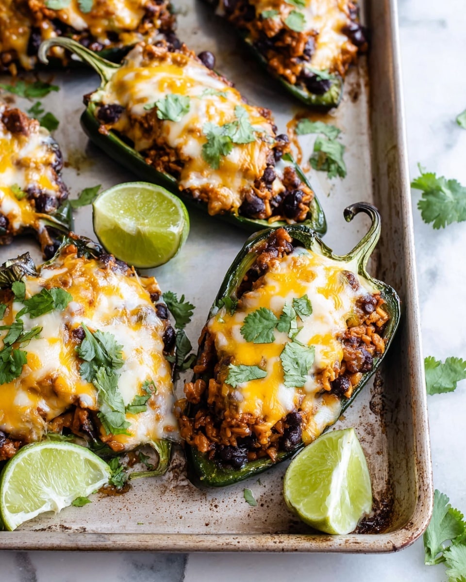 This image shows a white baking tray with several stuffed poblano peppers. Each pepper is sliced lengthwise, dark green in color, and filled with a mixture of ground meat, black beans, corn, and rice. On top of the filling is a melted layer of mixed yellow and white cheese, slightly browned in places, and garnished with fresh green cilantro leaves. A few lime wedges and scattered cilantro leaves decorate the corners of the tray. The tray sits on a white marbled surface with some sauce drips around the peppers. photo taken with an iphone --ar 4:5 --v 7