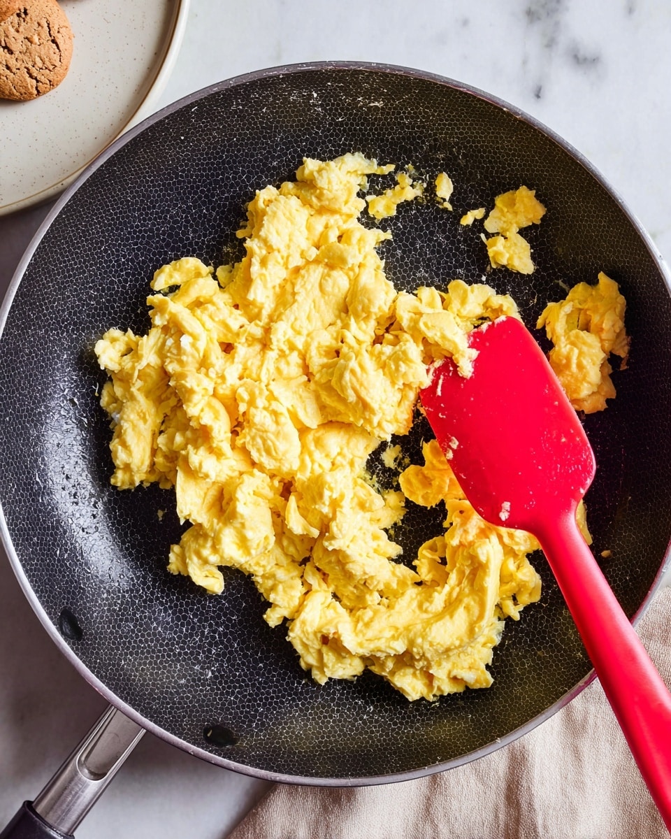 A close-up view of a black frying pan with a thin hexagonal pattern on its surface, filled with soft, fluffy scrambled eggs that have a pale yellow color and slightly creamy texture in several clumps. A bright red spatula rests in the pan on the right side, partly under the eggs, contrasting with the black pan and yellow eggs. The pan is set on a white marbled surface with a light beige cloth beneath the handle, and part of a white plate with a brown cookie is visible in the upper left corner of the image. Photo taken with an iphone --ar 4:5 --v 7