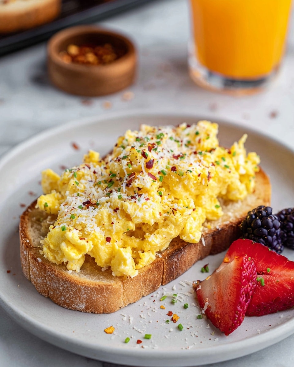 The image shows two thick slices of light brown bread on a white marbled surface, each topped with a fluffy bright yellow scrambled egg layer. On top of the eggs is a thin layer of finely grated white cheese with small green chive pieces and tiny red chili flakes scattered over it. In the background on the white plate, close to the eggs, are fresh blackberries with deep purple-black shine and two halves of a bright red strawberry with green stems visible. Photo taken with an iphone --ar 4:5 --v 7