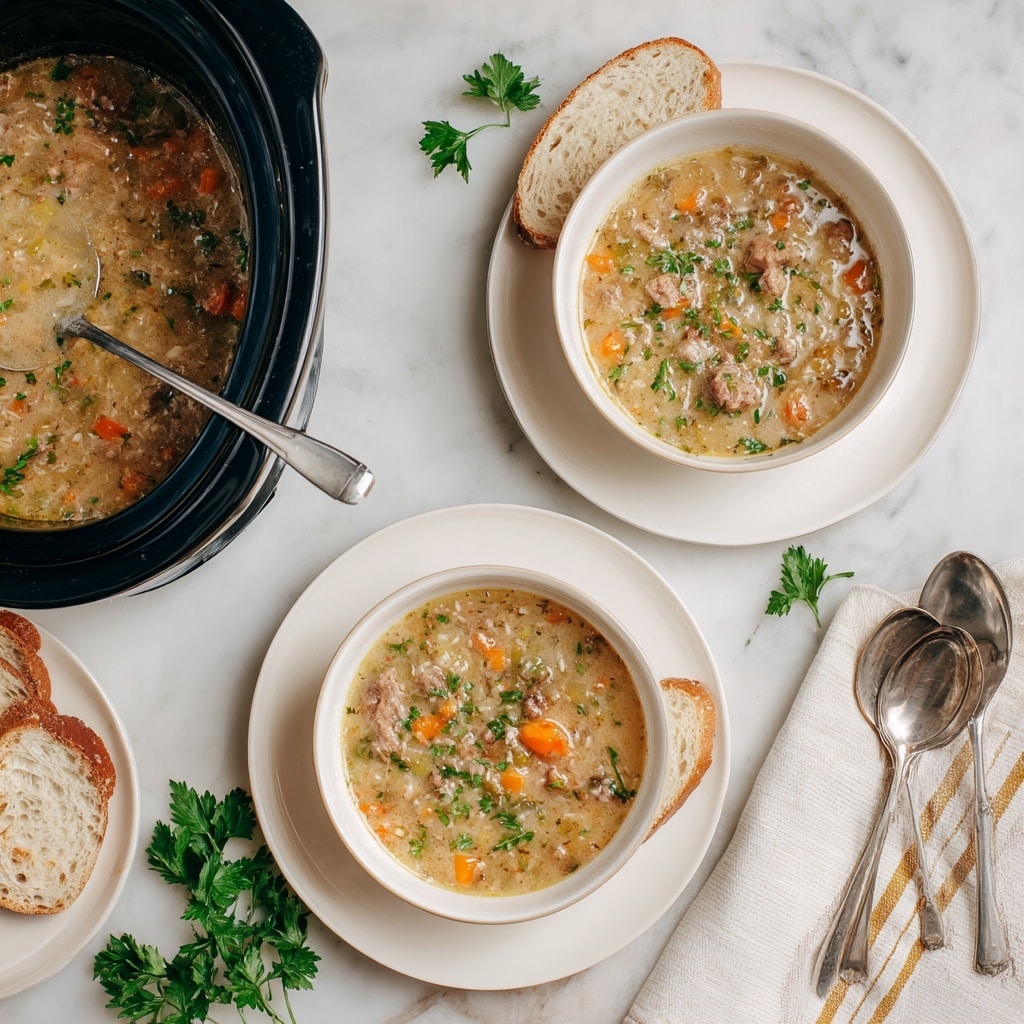 Two white bowls on white plates each hold a thick soup with chunky ingredients like orange carrot pieces, beige meat pieces, and green herbs floating on top, surrounded by slices of white bread on the plates. The soup’s texture is smooth in some areas and chunky in others with visible bits of vegetables and meat. On the left side, a black slow cooker pot filled with the same soup shows a metal ladle resting inside. Sprigs of fresh green parsley are scattered near the plates, set on a white marbled surface. Three silver spoons rest on a beige cloth with white stripes near the bottom right corner. Photo taken with an iphone --ar 4:5 --v 7
