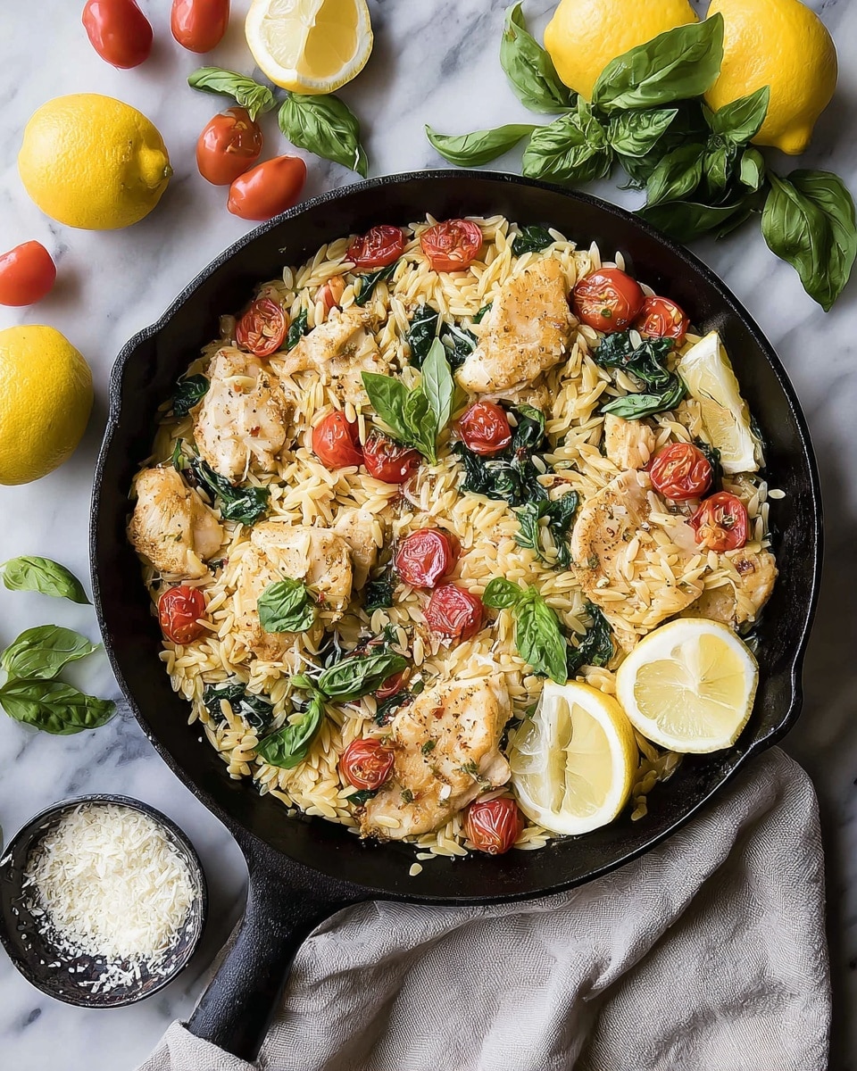 A white round bowl holds a layered dish with creamy orzo rice at the base, mixed with wilted dark green spinach leaves, bright red cherry tomato halves, and small pieces of light golden grilled chicken on top. The dish is sprinkled with finely grated pale yellow cheese, and two thick lemon wedges sit on the upper right edge of the bowl. In the blurred background, a large black skillet shows a similar orzo dish with cherry tomatoes, spinach, and lemon wedges. The setup is on a white marbled surface with a beige cloth napkin to the right. Photo taken with an iphone --ar 4:5 --v 7