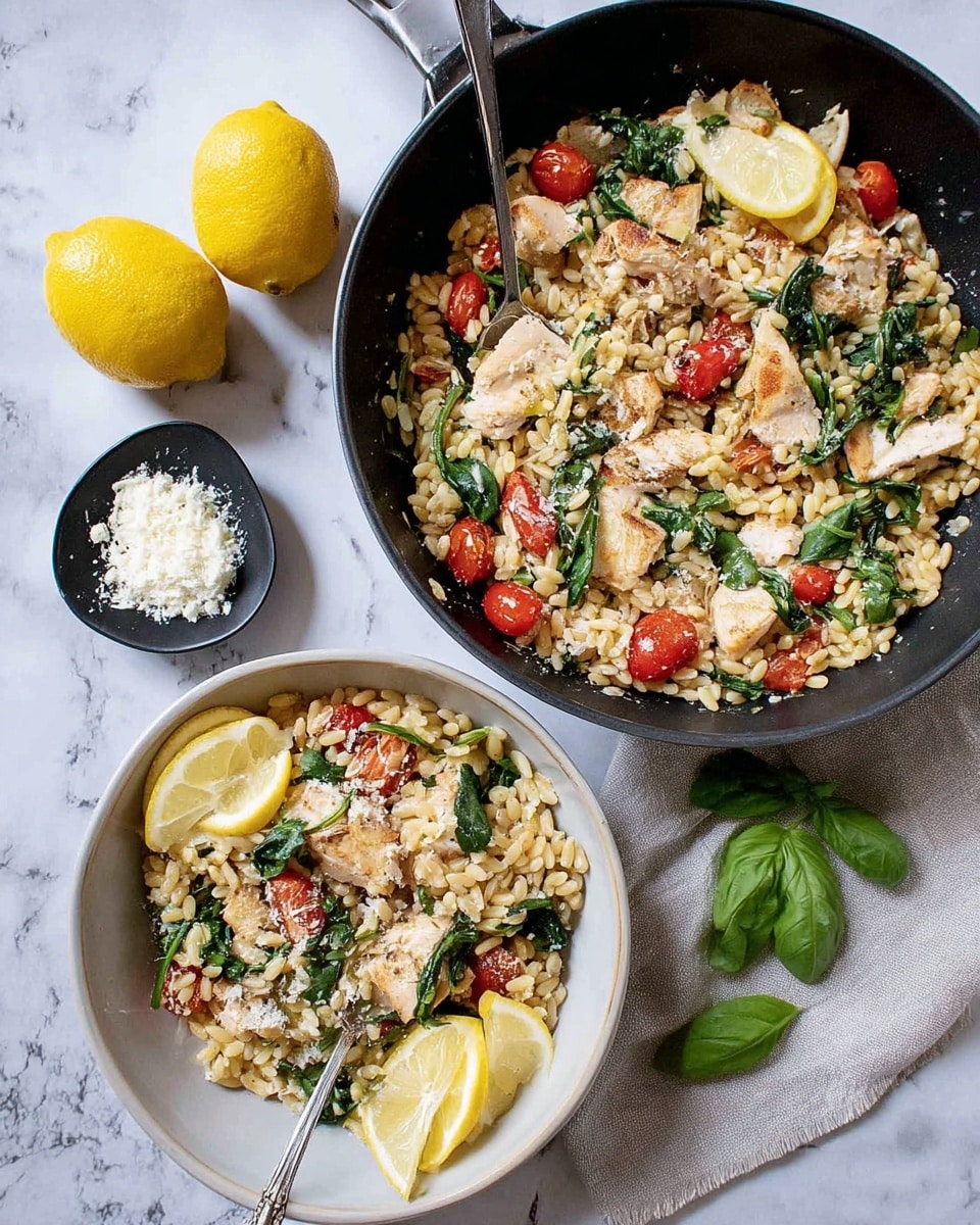 A black cast iron pan holds a dish with about three layers: the bottom layer is yellowish orzo pasta mixed with wilted dark green spinach leaves, the middle layer consists of golden-brown cooked chicken pieces scattered on top, and the top layer includes halved bright red cherry tomatoes and fresh green basil leaves. Three lemon wedges with bright yellow skin and white rind sit on the right edge of the pan. The pan rests on a white marbled surface, surrounded by whole lemons, whole and halved cherry tomatoes, a small dark bowl filled with white grated cheese, and fresh basil leaves on a light gray cloth. Photo taken with an iphone --ar 4:5 --v 7