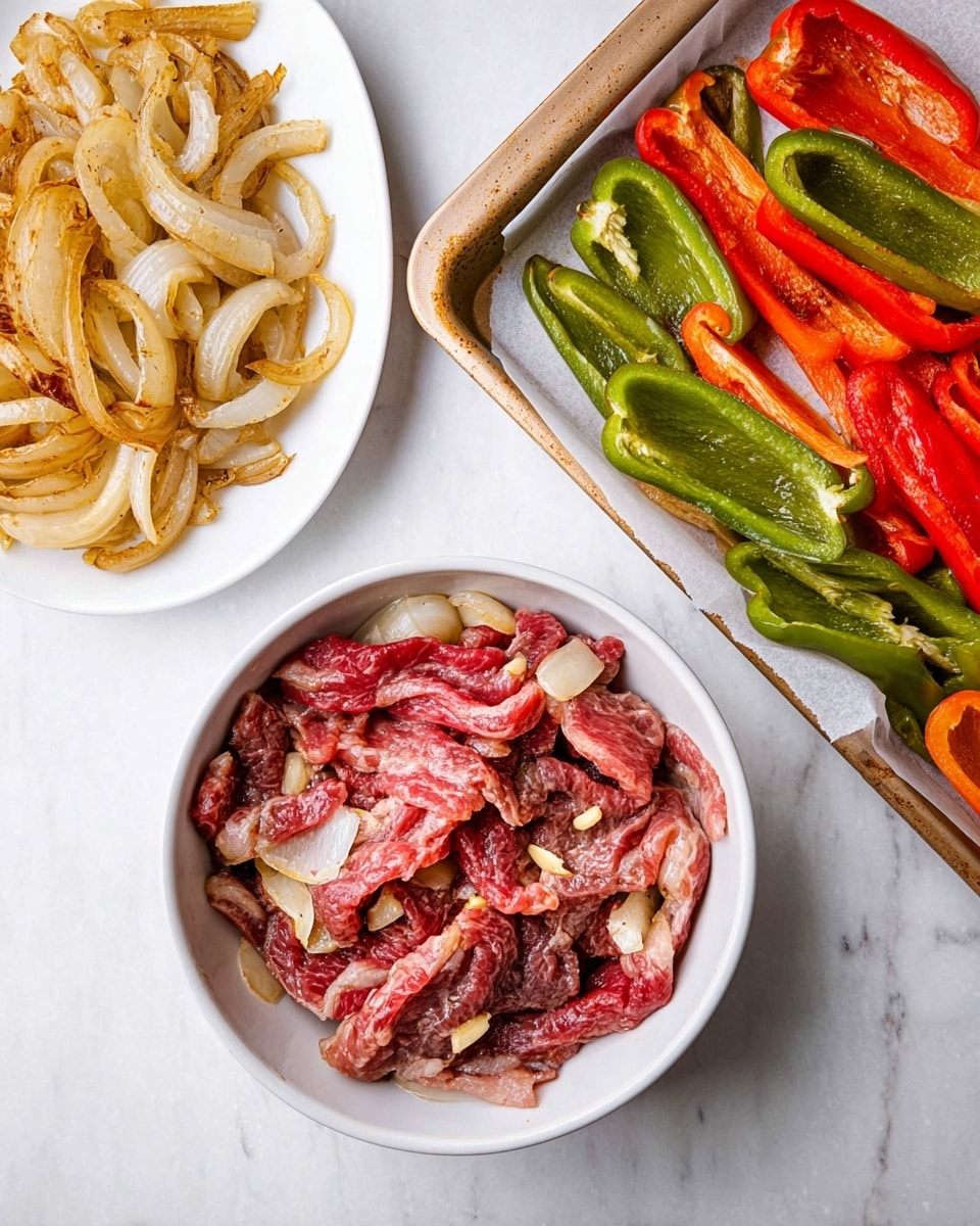 The image shows three dishes on a white marbled surface: at the bottom center, a white round bowl holds thinly sliced raw beef strips mixed with small pieces of garlic, showing reddish and light pink colors with a slightly moist texture; to the top left, a white rectangular plate contains cooked sliced onions, golden brown with some darker browned edges, arranged loosely; to the top right, a baking tray lined with white paper holds roasted sliced bell peppers in green, red, and orange colors, appearing shiny and slightly charred. Photo taken with an iphone --ar 4:5 --v 7