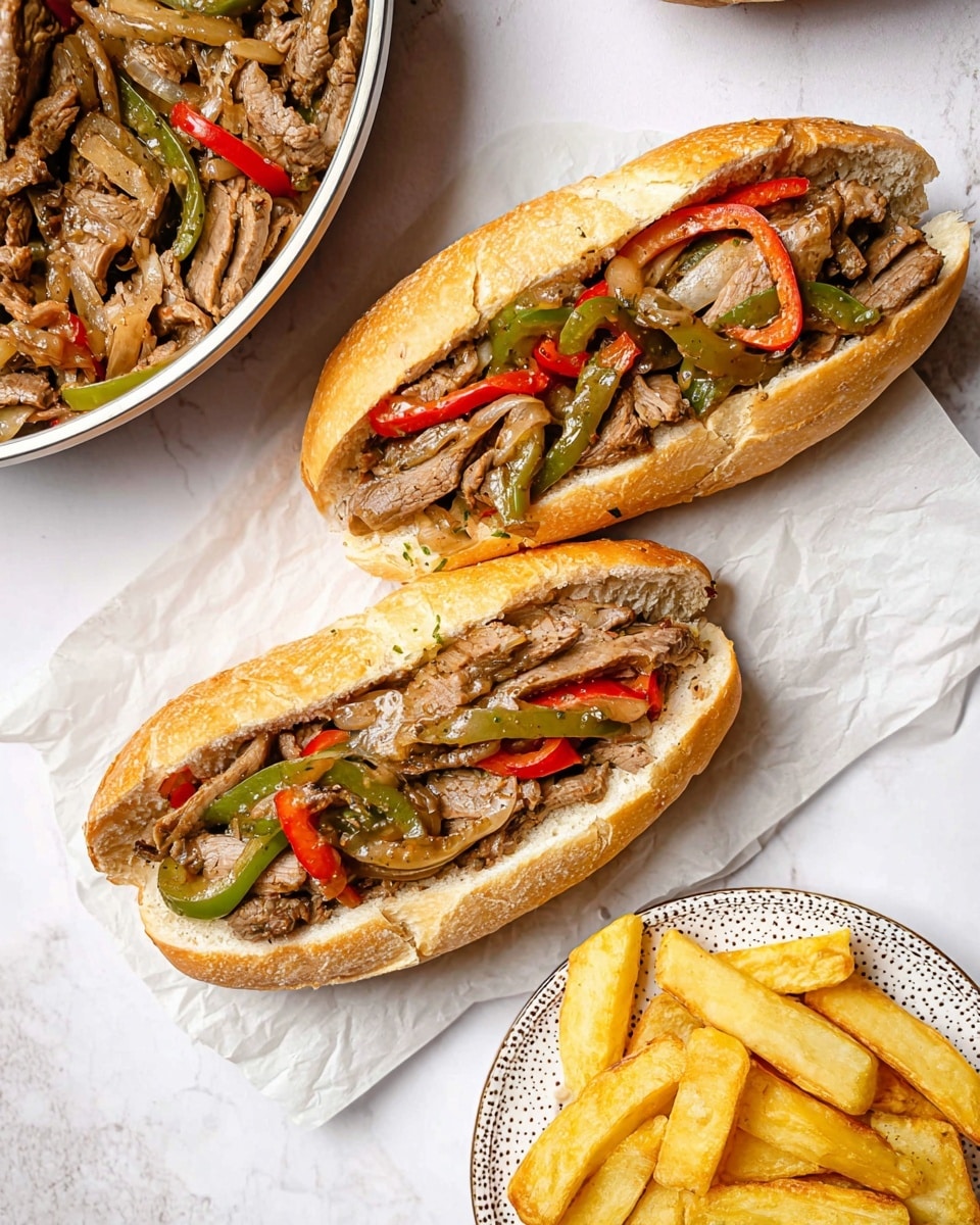 Two sandwich rolls lie open on a white marbled surface, each filled with sliced cooked beef strips mixed with sautéed red and green bell pepper strips and translucent cooked onions, showing a mix of brown, red, green, and light yellow colors inside the light brown crusted bread. To the left, a silver pan is partially visible filled with more of the beef and pepper mixture. On the top right, a white plate with a dotted rim holds thick, golden-yellow potato fries. The whole setting is bright and clear, photo taken with an iphone --ar 4:5 --v 7