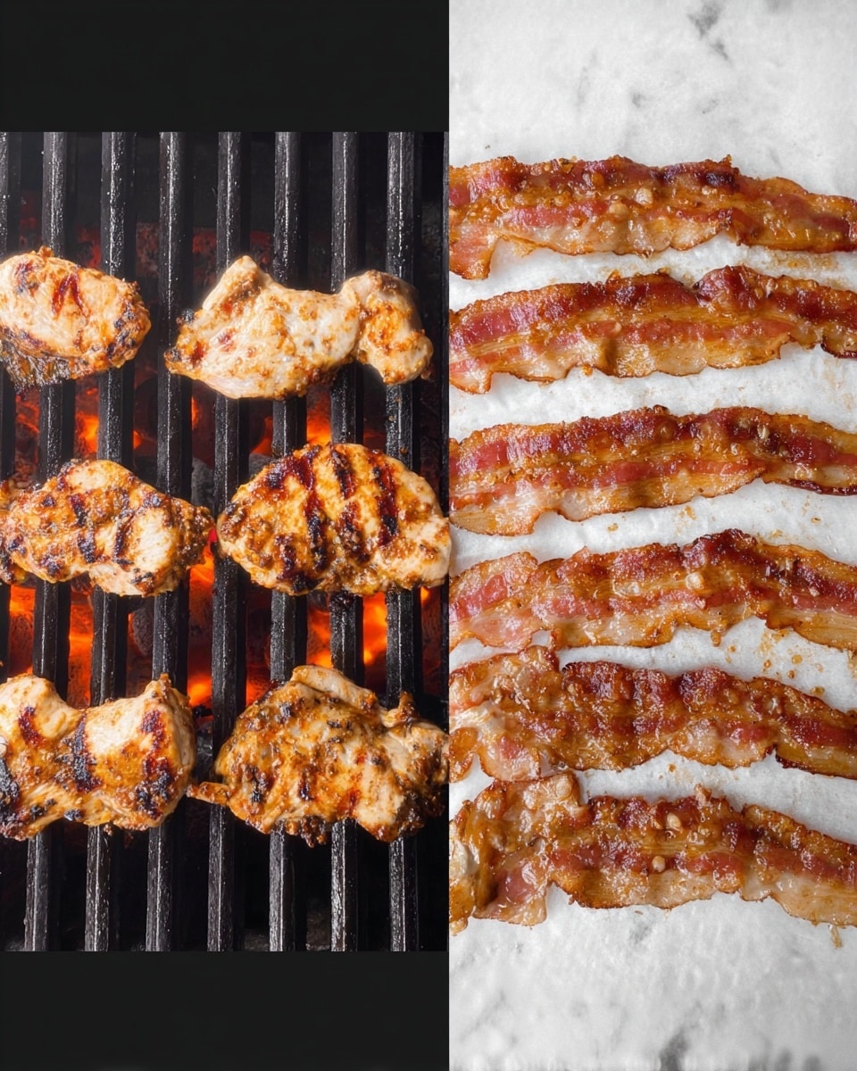 The image is split into two parts: on the left, six pieces of grilled meat are placed on a black grill grate with visible char marks and glowing orange flames underneath, the meat pieces have a golden brown color with some darker grill marks and juicy texture; on the right, six strips of cooked bacon lie next to each other on a white parchment paper, showing a reddish-brown color and crispy texture with some shiny spots from the bacon fat, with light brown greasy marks spreading around each strip; the background is a white marbled texture photo taken with an iphone --ar 4:5 --v 7