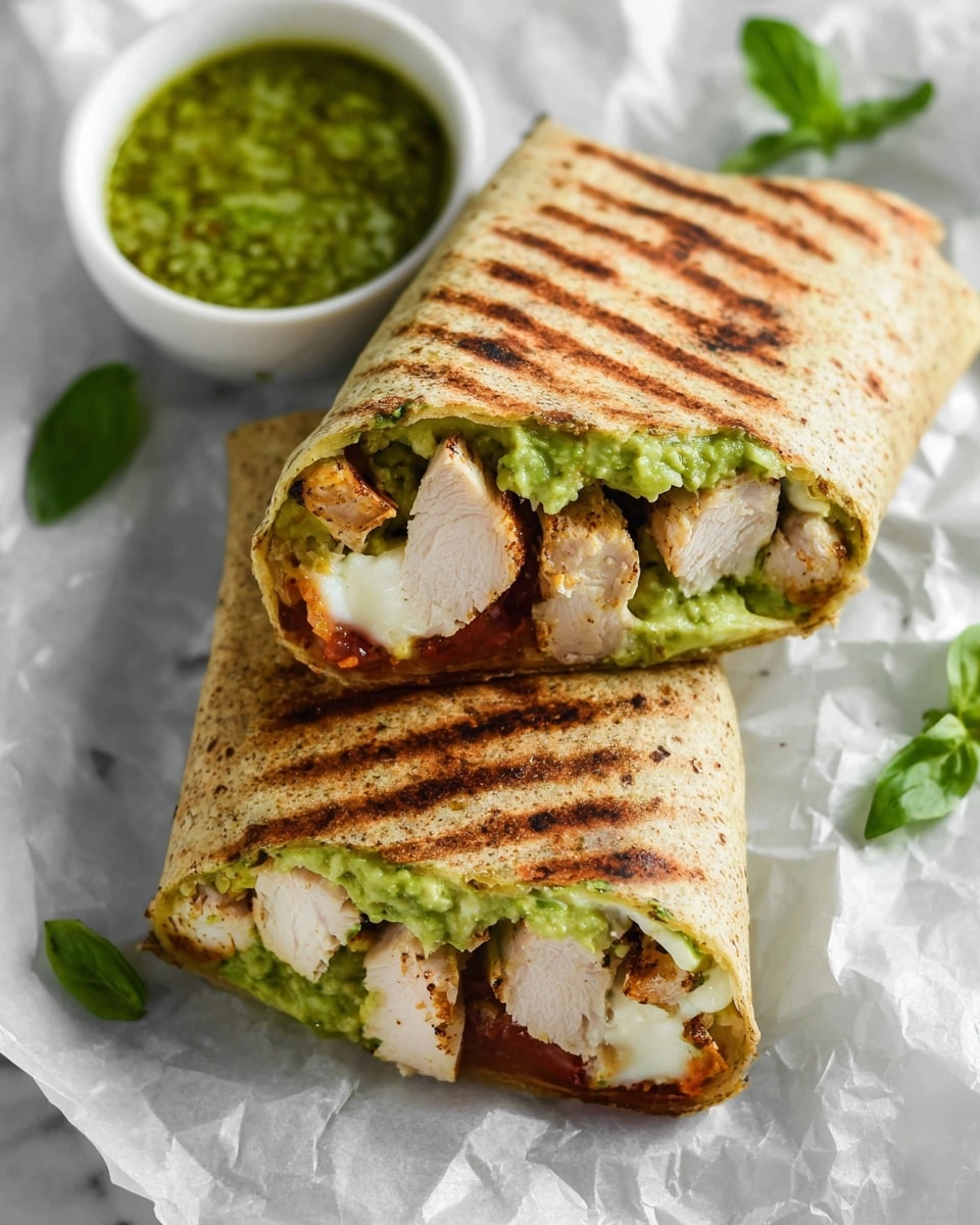Two grilled wraps are cut and placed closely together on crumpled white parchment paper over a white marbled surface. The wraps have a speckled light brown color with darker grilled marks in stripes. Inside, there are tender pale pieces of chicken layered with bright green mashed avocado and a creamy white layer, likely cheese or sauce, all sitting on a thin spread of red sauce. Behind the wraps, a small white bowl holds a thick bright green chutney. Fresh basil leaves are scattered around the scene for garnish. photo taken with an iphone --ar 4:5 --v 7