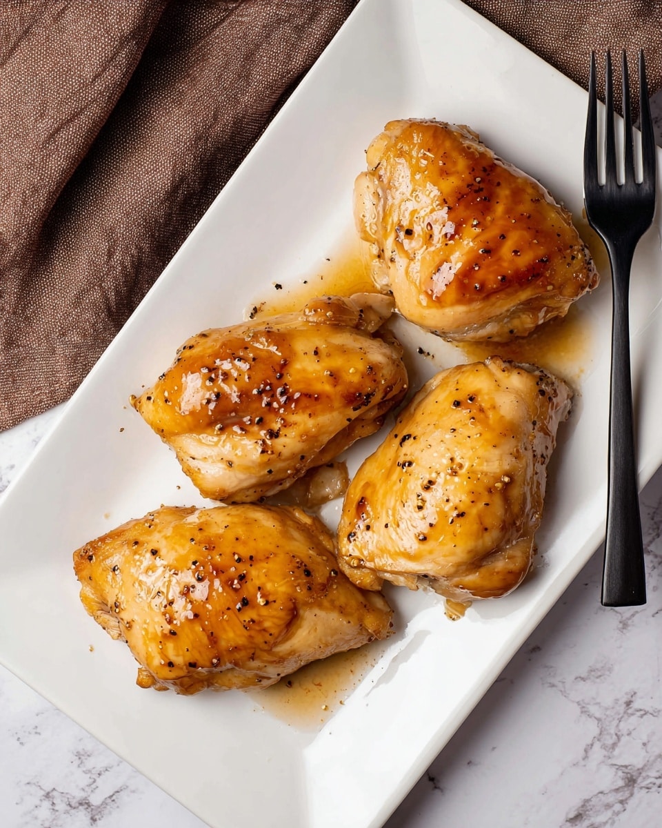 Four pieces of cooked chicken with a golden brown shiny glaze are placed on a white rectangular plate. The chicken pieces show a smooth, glossy surface with some pepper specks scattered around. A black fork lies on the top right corner of the plate. The plate rests on a white marbled surface with a folded brown cloth partially visible in the top left corner. photo taken with an iphone --ar 4:5 --v 7