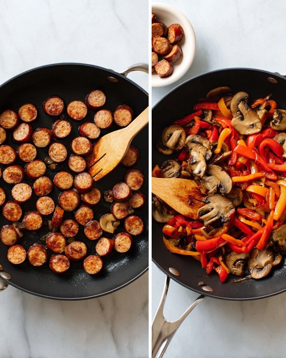 Two round black pans on a white marbled surface are shown side by side. The first pan holds a single layer of browned sausage slices, evenly spread and seared to a golden and dark brown color, with a wooden spatula resting inside the pan. The second pan contains one layer of cooked vegetables with red and orange bell pepper strips and large sliced mushrooms mixed together, all slightly shiny from cooking, with the same wooden spatula resting on top. In the top right corner, a white bowl with extra browned sausage slices is partially visible. photo taken with an iphone --ar 4:5 --v 7