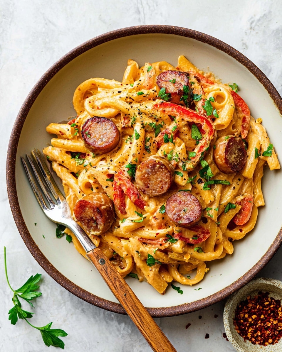 In a white bowl with a brown rim, there is one layer of creamy orange pasta mixed evenly with round slices of browned sausage and thin strips of red and orange peppers. The pasta has a smooth texture, and some pieces have visible black pepper sprinkled on them. Green parsley leaves are scattered on top, adding a fresh touch. A fork with a wooden handle rests on the left side of the bowl, which sits on a white marbled surface with a small bowl of crushed red pepper flakes near the bottom right corner. Photo taken with an iphone --ar 4:5 --v 7