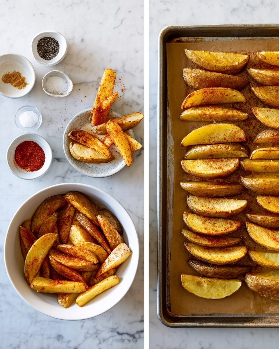 The image shows two parts: on the left, a white bowl filled with potato wedges seasoned with orange-red and light brown spices; around the bowl are small white bowls containing salt, black pepper, and other spices, all placed on a white marbled surface. On the right, a baking tray lined with brown paper holds two neat rows of potato wedges arranged side by side; the wedges have a yellow and light brown color with some dark browned spots from seasoning. Photo taken with an iphone --ar 4:5 --v 7
