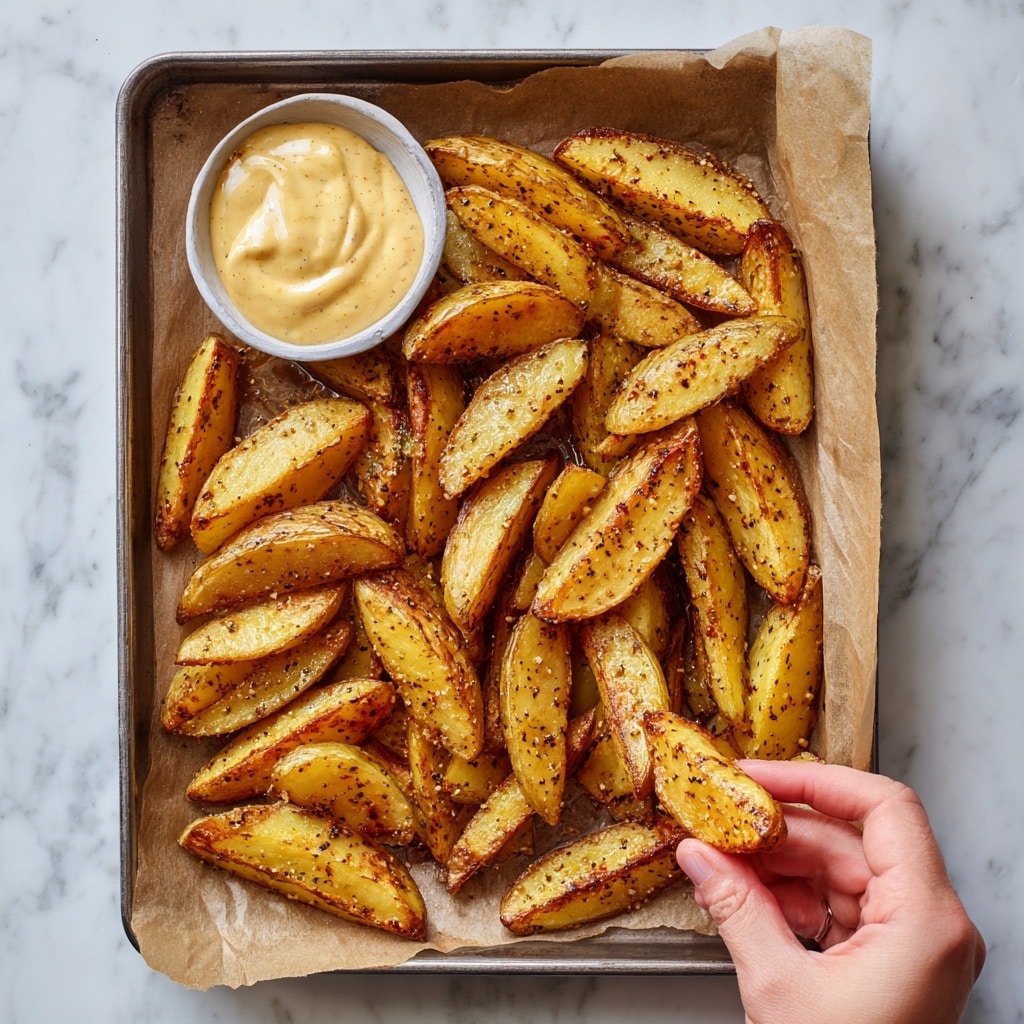 A baking tray lined with light brown paper holds a generous layer of golden-brown potato wedges with visible crispy edges and specks of seasoning. On the left side, a small round bowl of creamy beige sauce sits nestled among the wedges. A woman's hand is dipping one wedge into the sauce, while another woman's hand is holding a wedge nearby at the bottom of the tray. The tray is set on a white marbled surface, creating a clean and simple background. photo taken with an iphone --ar 4:5 --v 7