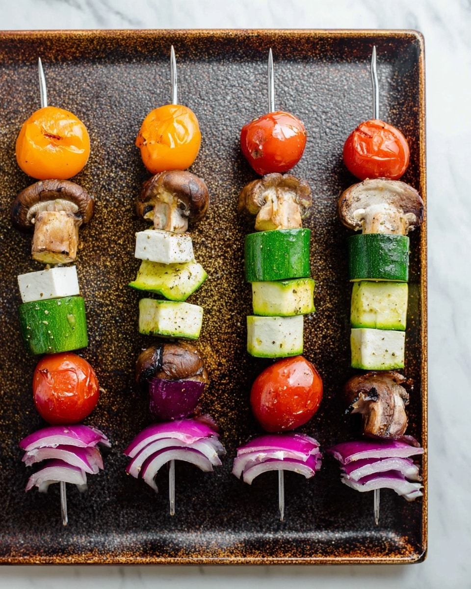 The image shows several vegetable skewers on a grill with dark grill lines. Each skewer has layers that include round green zucchini slices with a light inner texture, whole orange and red cherry tomatoes, whole brown mushrooms with a slightly wrinkled surface, white rectangular pieces of cheese with light grill marks, and sections of purple onion with a slightly charred look. The vegetables look seasoned with small black specks of spices, and the overall colors are vibrant against the dark grill background. The photo taken with an iphone --ar 4:5 --v 7