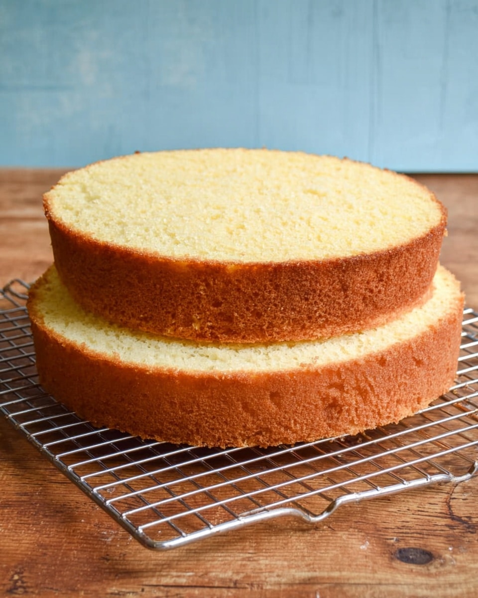 Two round yellow sponge cake layers sit stacked on a wire rack. The sides of the layers show a light brown baked crust, while the inside is soft and pale yellow with a fine texture. The layers are on a wooden table, and the background is a pale blue wall. The photo is taken with an iphone --ar 4:5 --v 7