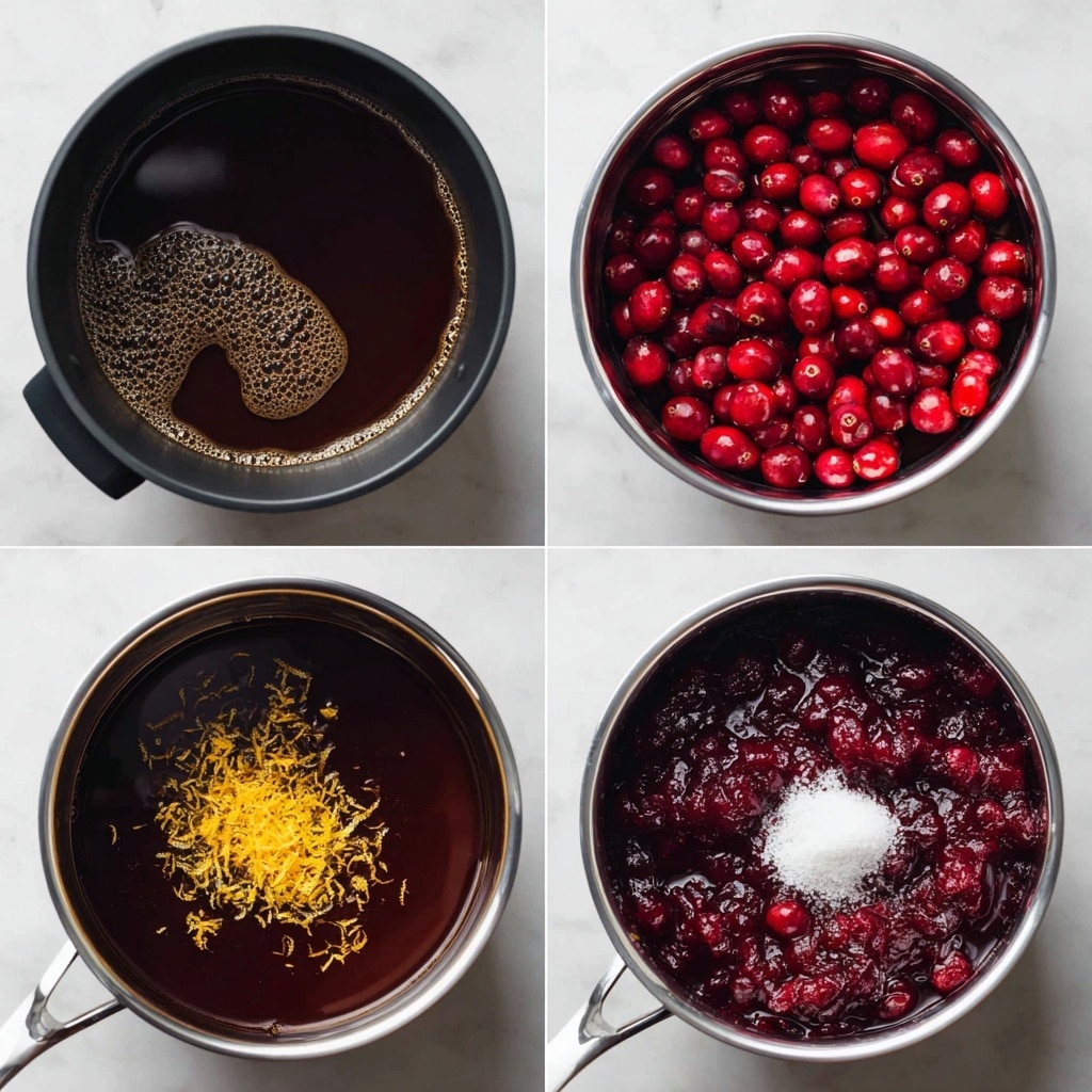 A series of four images showing the process of making cranberry sauce, all on a white marbled texture surface. The first image shows a large black pot with water and several clear glass canning jars inside. The second image shows a silver pot filled with dark brown liquid with some bubbles on the surface. The third image shows the same pot now filled with whole bright red cranberries floating on top. The fourth image shows the pot again, but the cranberries have broken down into a thick, deep purple sauce with a pile of white sugar and yellow-orange zest on top in the center. Photo taken with an iphone --ar 4:5 --v 7