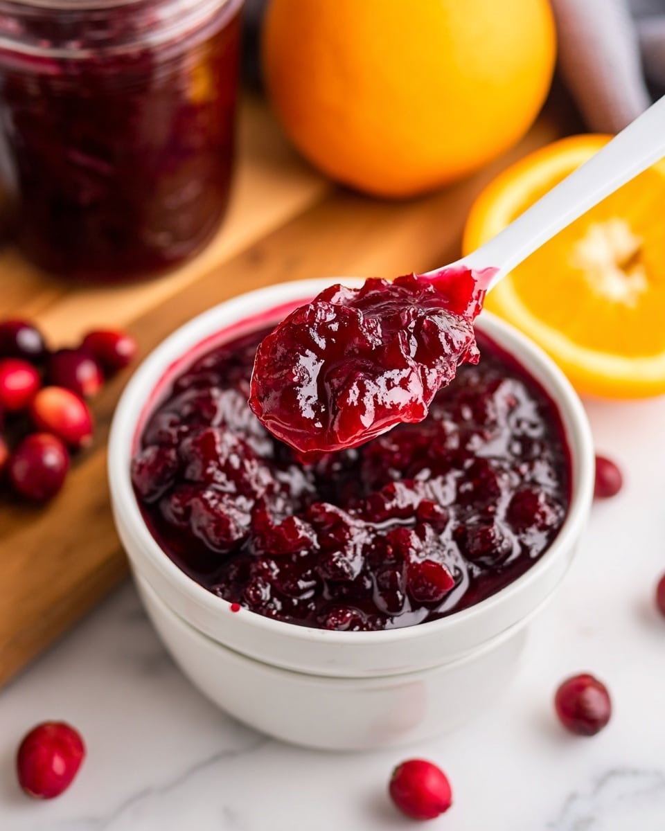 A clear glass jar filled with dark red jam or jelly with an embossed fruit design on the front and a silver metal lid, lying tilted on a white marbled surface. Around the jar are whole fresh red cranberries scattered, bright orange halves showing juicy, segmented interiors, and two whole oranges with smooth, textured skin. In the top left corner, a rectangular white bowl is filled with more fresh cranberries. The right edge shows part of a white plate on a wooden surface. The colors of red, orange, and dark purple contrast with the clean white marble background. photo taken with an iphone --ar 4:5 --v 7
