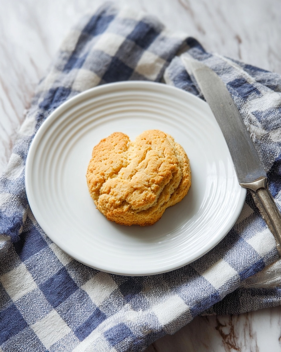 A single biscuit with a rough, crumbly texture sits centered on a white plate. The biscuit has a light golden-brown top with uneven, cracked surfaces showing soft, pale dough inside. The plate is placed on top of a blue and white checkered cloth. Behind the plate, a rustic wicker basket with a white cloth liner and a gray and white striped towel draped over the edge is partly visible. The whole scene is set against a white marbled surface. photo taken with an iphone --ar 4:5 --v 7