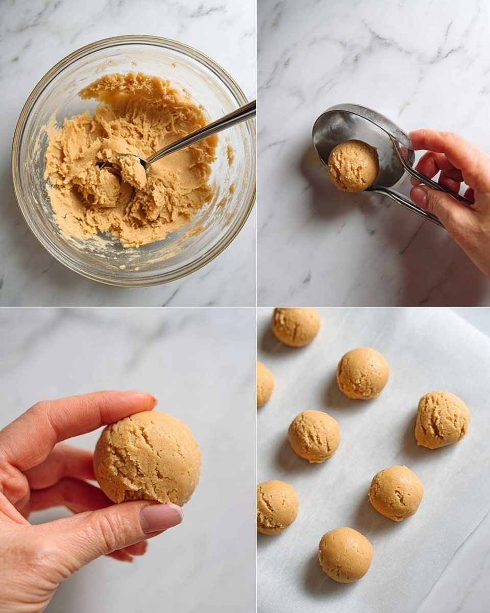 A clear glass bowl sits on a white marbled surface filled with light brown cookie dough that looks soft and crumbly, with some dough stuck on the bowl sides. In the next view, a metal cookie dough scoop holds a rounded amount of dough above the bowl. A woman's hand holds a smooth, round ball of dough in front of the bowl. In the final image, the woman's hand places another round ball of dough among six others spaced evenly on white parchment paper on a white marbled surface. photo taken with an iphone --ar 4:5 --v 7
