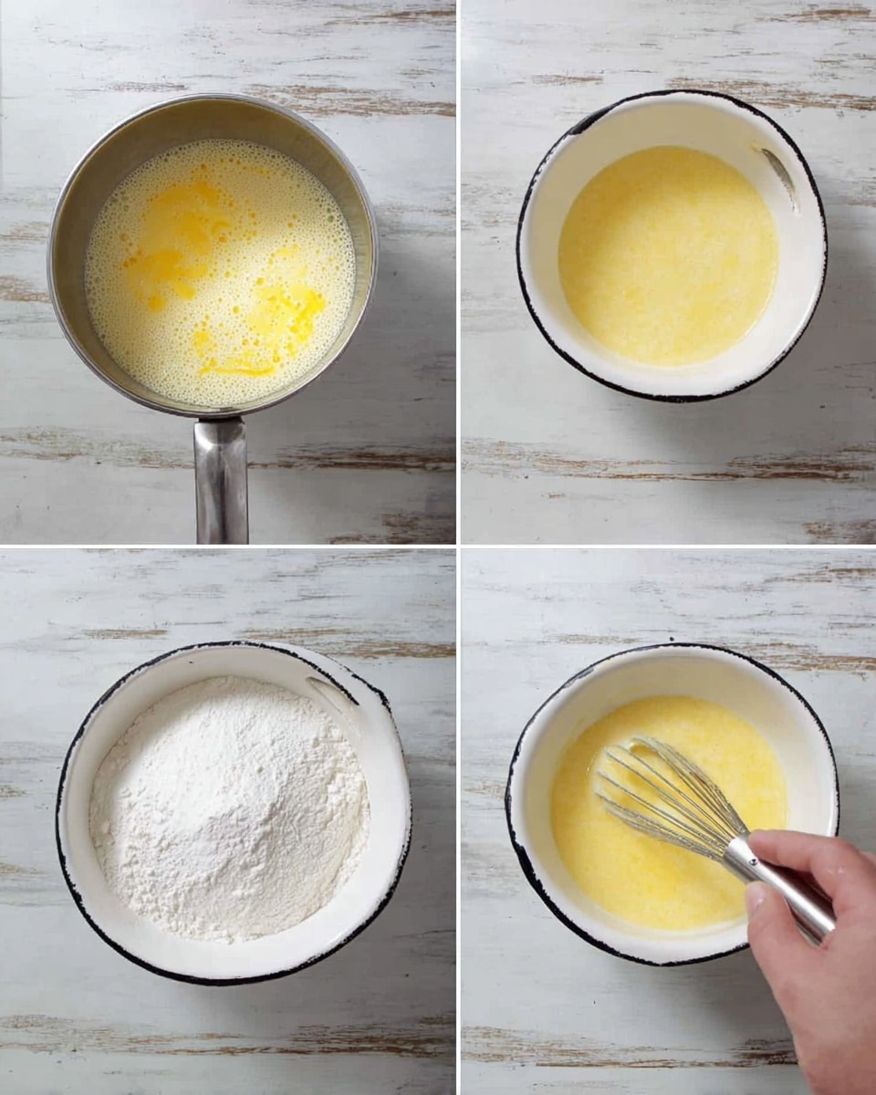 A collage of four images shows a cooking process on a white marbled surface. The first image has a silver saucepan filled with a yellow frothy liquid. The second image shows a white bowl with a black rim being filled with the same yellow frothy liquid poured from the saucepan. The third image shows the white bowl filled with white flour or powder, with the yellow liquid no longer visible. The fourth image shows a woman's hand holding a small whisk, stirring a smoothly blended pale yellow batter inside the white bowl. photo taken with an iphone --ar 4:5 --v 7