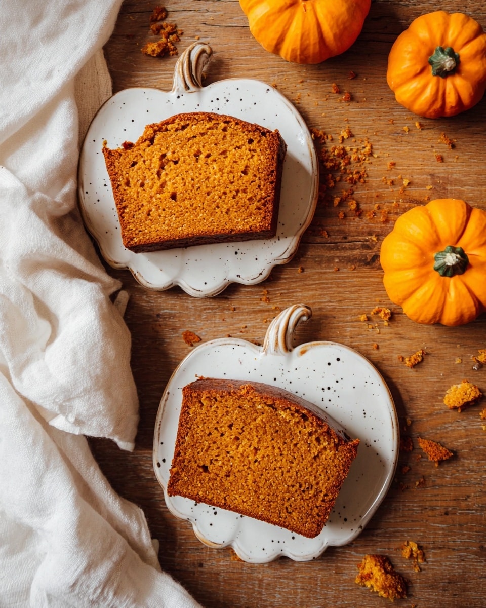 A loaf of golden-brown pumpkin bread with a textured, slightly cracked top surface, sprinkled with coarse sugar, sits on a smooth wooden cutting board. The bread has a warm, crispy crust with a rough texture and soft inside. A white cloth with soft folds is placed to the left side under the edges of the board. Around the board, there are small pumpkins and a few scattered cloves on a wooden table surface with light brown tones. A white pumpkin-shaped plate with raised edges is visible in the bottom right corner. The whole scene is bright and cozy. Photo taken with an iphone --ar 4:5 --v 7