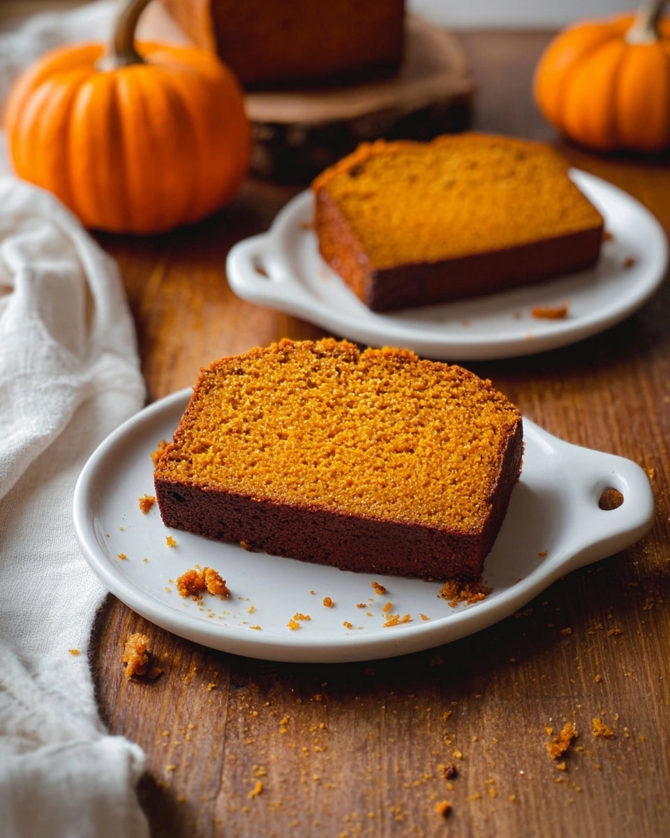 Two slices of orange pumpkin bread with a soft texture are placed on two white pumpkin-shaped plates with black speckles. The plates sit on a wooden table scattered with crumbs and small pieces of bread. A white cloth is bunched on the lower left side of the table. There are two small pumpkins, one near the top right and one near the bottom right, both bright orange with green stems. The image has a warm, cozy feeling. photo taken with an iphone --ar 4:5 --v 7
