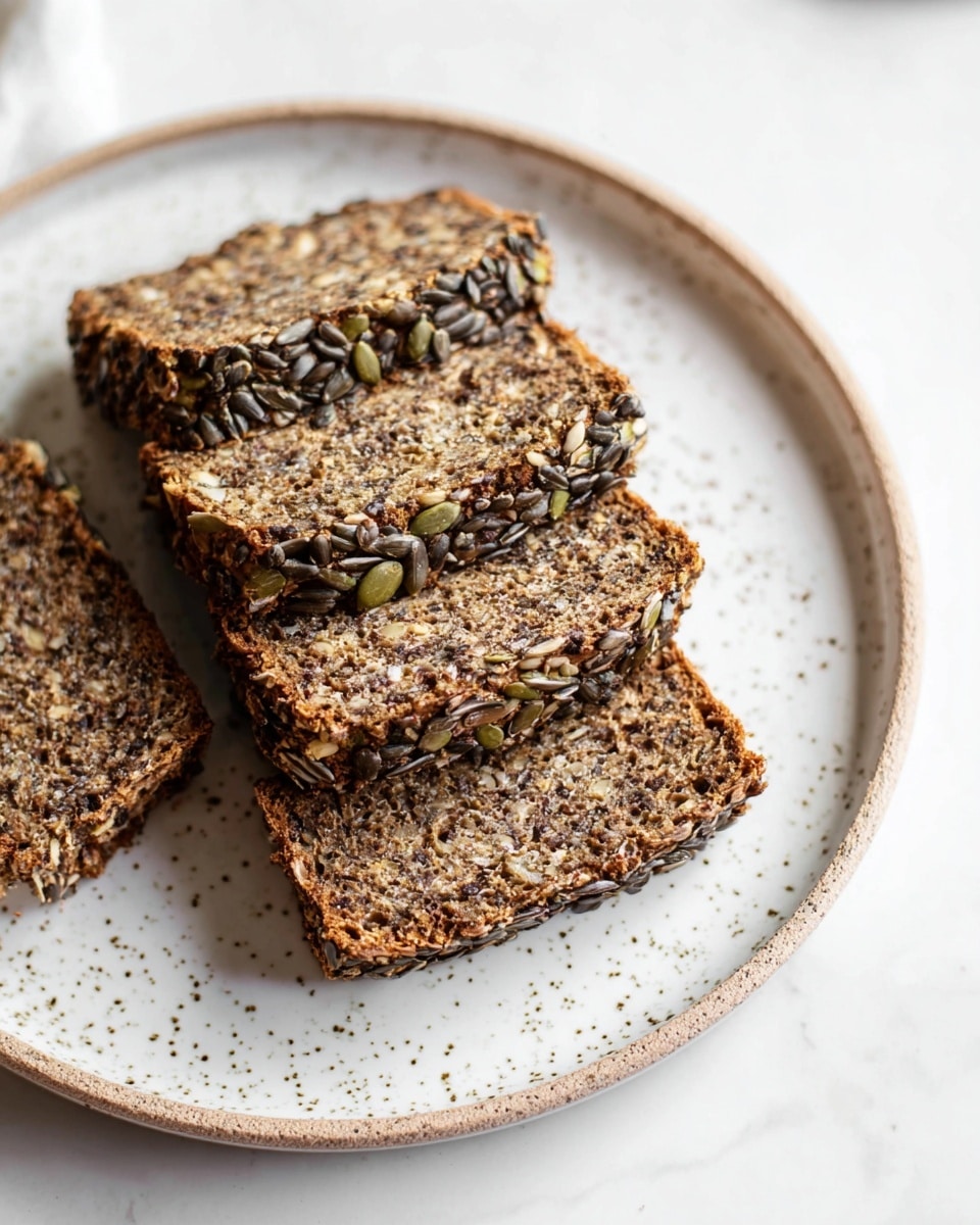 Five thick slices of multi-seed dark bread are laid on a round white plate with a speckled pattern along the edge. The bread slices show a rough texture with visible seeds including sunflower and pumpkin seeds, and grains tightly packed throughout the dark dough. The plate sits on a white marbled surface with a soft shadow beneath the slices, giving a clean and simple look. Photo taken with an iphone --ar 4:5 --v 7