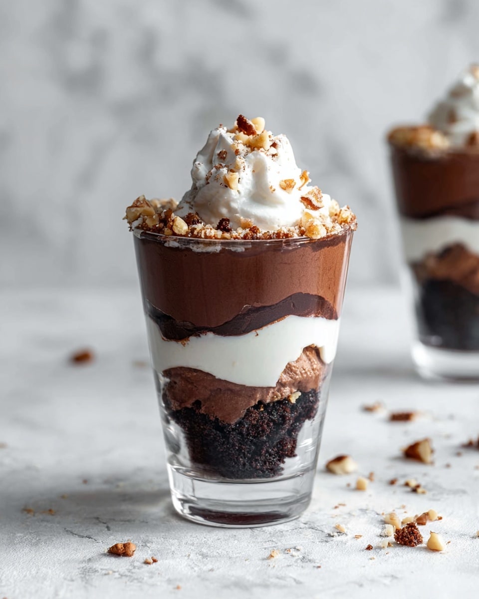 A clear glass trifle bowl with four visible layers sits on a white marbled surface. The bottom layer is a dark, crumbly chocolate base, topped by a thick layer of smooth chocolate pudding. Above this is a layer of white whipped cream, followed by a second layer with a mix of dark chocolate chunks and drizzle of chocolate sauce. The dessert is finished with a thick, fluffy layer of white whipped cream sprinkled with light brown crunchy bits. Photo taken with an iphone --ar 4:5 --v 7