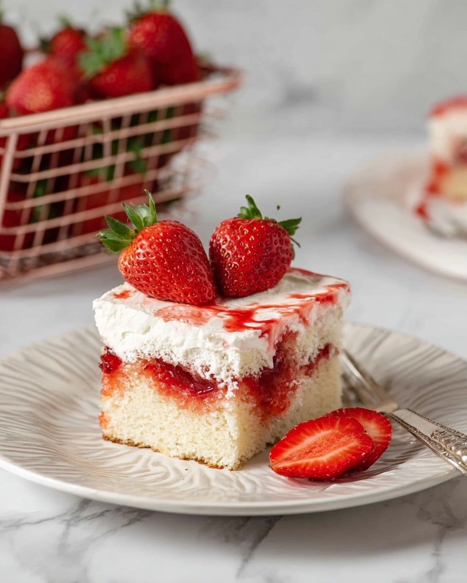 A square slice of a cake sits on a white plate with a delicate swirl pattern. The cake has two layers: the bottom layer is a light beige sponge soaked with a red syrup that colors parts of it, and the top layer is thick, smooth white cream with streaks of red syrup mixed in. On top of the cream, there are three halved strawberries with bright red and juicy insides and green leaves. A few fresh halved strawberries rest on the plate near the cake slice. In the background, there is a wire basket filled with whole fresh strawberries on a surface with white marble texture. photo taken with an iphone --ar 4:5 --v 7