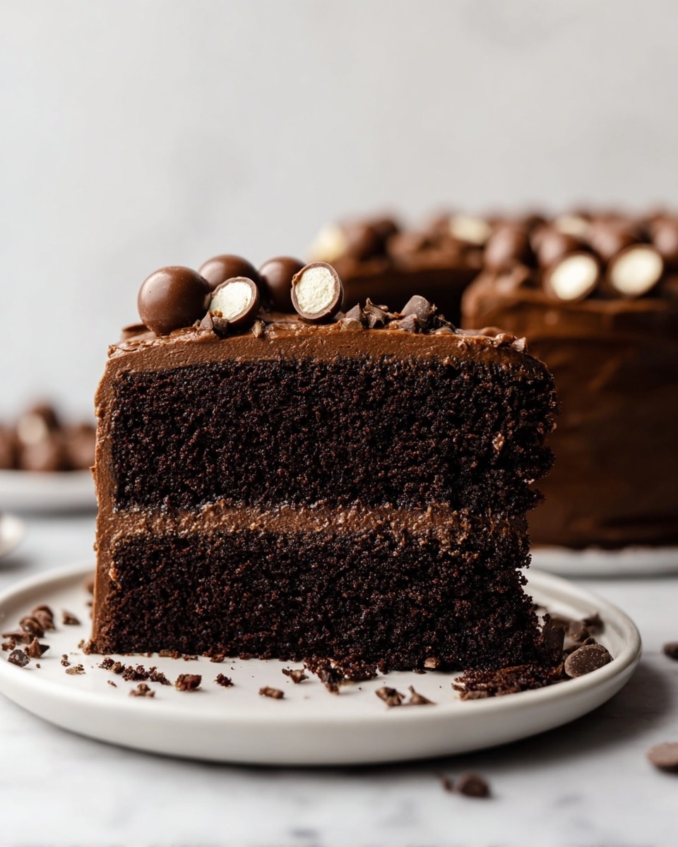 A round, two-layer chocolate cake is placed on a white plate over a white marbled surface. The cake is covered with smooth, dark chocolate frosting, and the top is decorated with whole and halved chocolate-covered malt balls, adding a mix of smooth and crunchy textures. A single slice is cut and pulled out, revealing the dense, dark chocolate cake layers beneath the frosting. In the background, there is a white bowl filled with more chocolate malt balls slightly blurred. Photo taken with an iphone --ar 4:5 --v 7