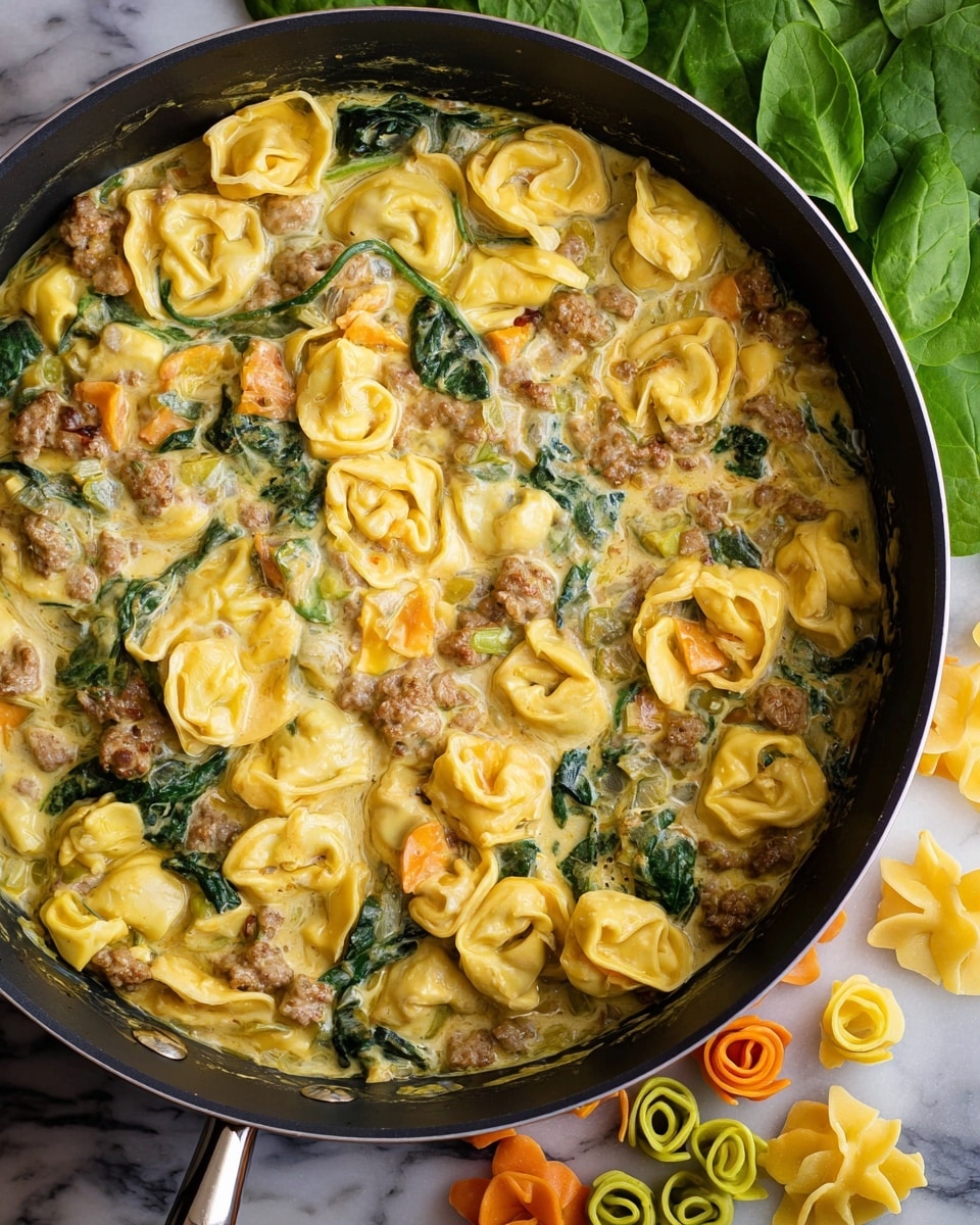 A close-up of a dark pan filled with three colors of tortellini pasta—orange, yellow, and pale green—mixed in a creamy light yellow sauce with small pieces of cooked ground meat and dark green spinach leaves scattered throughout. Outside the pan on a white marbled surface, there are fresh dark green spinach leaves to the top right and some colorful uncooked tortellini in yellow, orange, and green scattered near the pan's silver handle. The sauce appears smooth and slightly glossy, coating the pasta and ingredients evenly. photo taken with an iphone --ar 4:5 --v 7