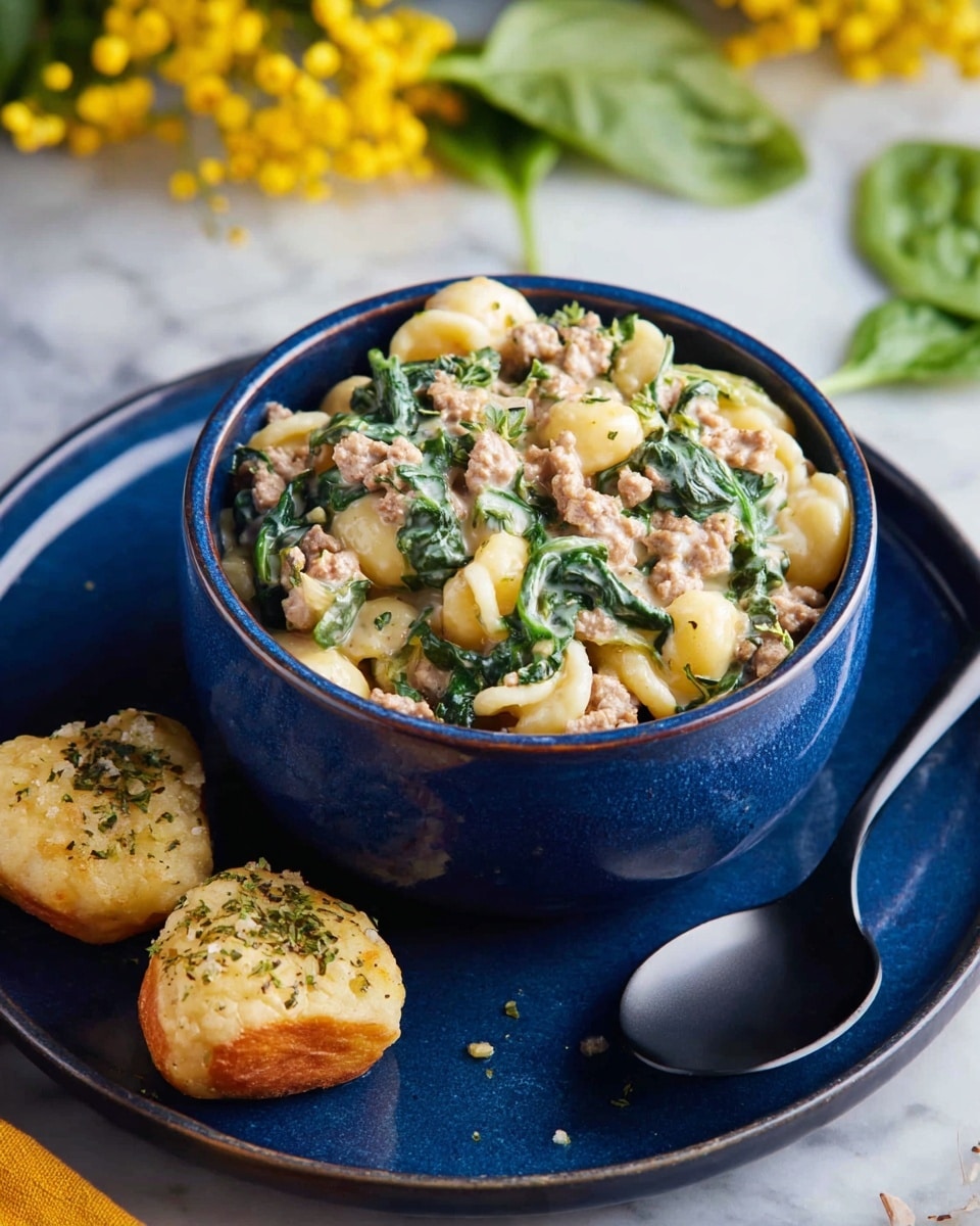 A dark blue rounded bowl filled with creamy pasta mixed with light brown cooked ground meat and dark green spinach leaves, showing a soft and smooth texture. The bowl sits on a matching dark blue plate with a black spoon placed on the plate. Next to the bowl on the plate are two golden-brown cooked gnocchi pieces sprinkled with herbs. All is placed on a white marbled surface with some blurred yellow flowers and green leaves in the background. Photo taken with an iphone --ar 4:5 --v 7