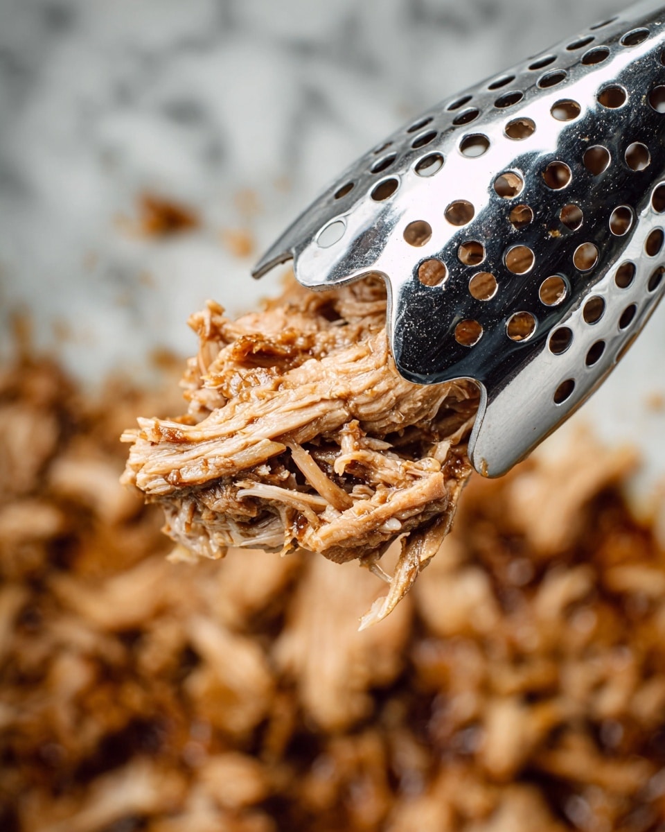 A close-up view of a bowl filled with shredded cooked meat soaked in a light brown sauce. The meat is soft and stringy, with fibrous textures layered throughout. The bowl is large, round, and white with a thick rim, holding the warm meat and sauce. A pair of metal tongs with large round holes is placed inside the bowl, partially lifting some meat. The scene sits on a white marbled surface with soft, natural lighting highlighting the textures and colors. photo taken with an iphone --ar 4:5 --v 7