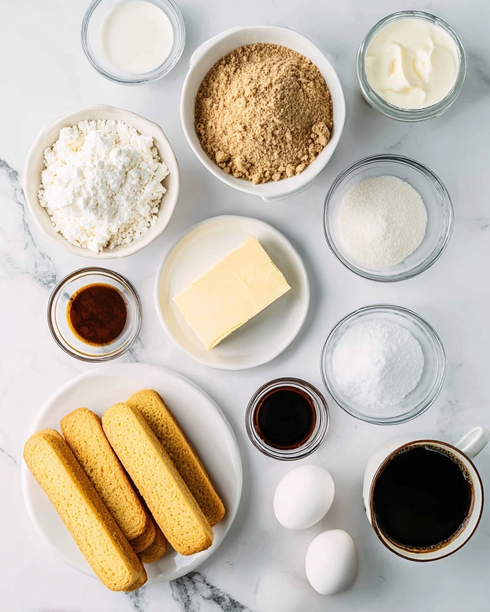 Top view of multiple ingredients arranged on a white marbled surface. There is a white bowl filled with a crumbly light brown powder, a white bowl with white cream or soft cheese, and a white plate holding a square piece of butter. Another white plate contains several golden brown ladyfinger biscuits stacked neatly. Around these, there are clear glass bowls with white salt, dark brown vanilla extract, white sugar, and white baking powder. Two white eggs sit in a small white bowl, and a small glass jug holds milk. A black cup filled with dark brown coffee is placed near the bottom right corner. The overall scene is neat and well-lit with a clean kitchen vibe. Photo taken with an iphone --ar 4:5 --v 7