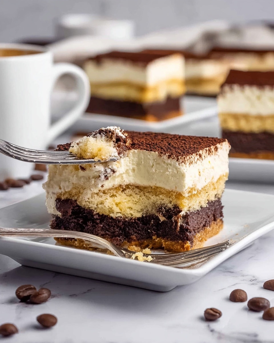 The image shows a square slice of a layered dessert on a white square plate with a silver fork beside it. The dessert has four visible layers: a dark, moist chocolate base at the bottom, a thin caramel or butterscotch layer above it, followed by a thick creamy middle layer in pale off-white, and topped with a dusting of fine dark cocoa powder or chocolate crumbs. In the background, the remaining round dessert is visible, showing the same layers. The plate sits on a white marble surface. Photo taken with an iphone --ar 4:5 --v 7
