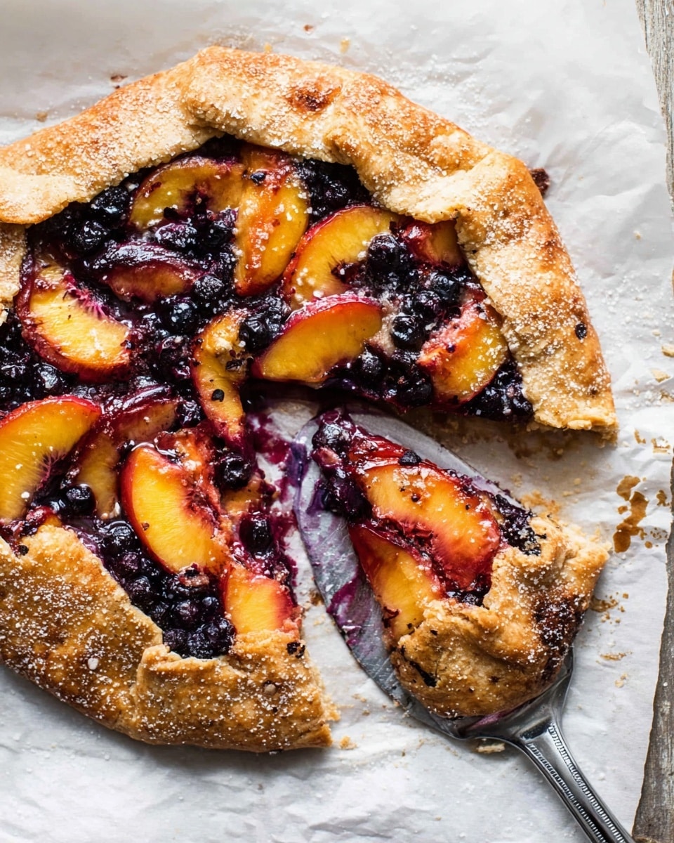A golden-brown crust folds over the edge of a round tart, glistening with coarse sugar crystals. Inside, there are layers of peach slices with a soft orange color, mixed closely with dark purple blueberries that have a shiny, slightly wrinkled texture. The fruits are juicy and look freshly baked, resting on a white marbled surface with some scattered cooked berry juice around the tart’s edge. photo taken with an iphone --ar 4:5 --v 7