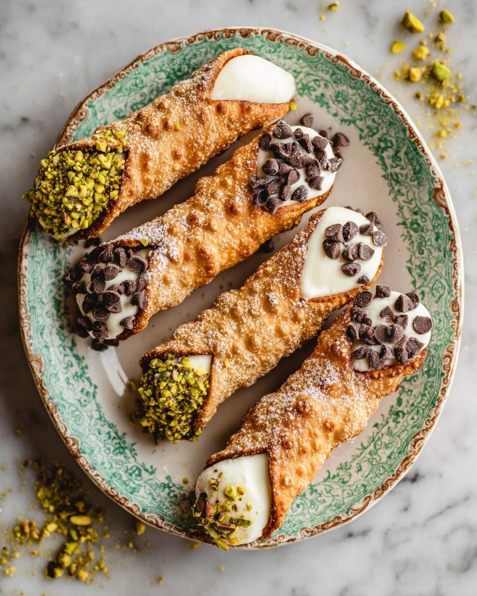 Four golden brown cannoli sit side by side on a white plate with a vintage green and brown patterned edge. Each cannoli is a crispy, bubbly shell filled with smooth white cream. The ends of the cannoli alternate toppings: crushed bright green pistachios on some, and small dark chocolate chips on others. Small chocolate chips and crushed pistachios are scattered on both the plate and the white marbled surface underneath. Photo taken with an iphone --ar 4:5 --v 7