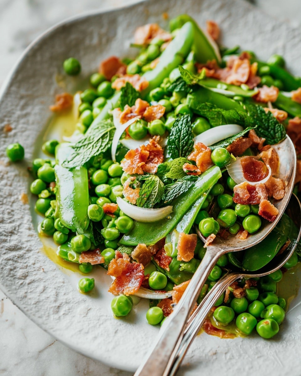 The dish shows an oval white plate with a thick base layer of soft white cream spread on the left side, creating a smooth and creamy texture. On top, there is a fresh pile of green peas and snap peas with bright green colors and round, plump shapes, mixed with small pieces of toasted nuts or bacon that add golden and brown tones. Thin slices of light pink prosciutto are arranged in soft folds at the bottom left corner. Small white flower petals and a few green mint leaves are scattered on top, adding delicate decorative touches. A silver serving fork rests on the right side of the plate. The plate is placed on a soft beige cloth over a white marbled surface, with a few small white flowers nearby. photo taken with an iphone --ar 4:5 --v 7