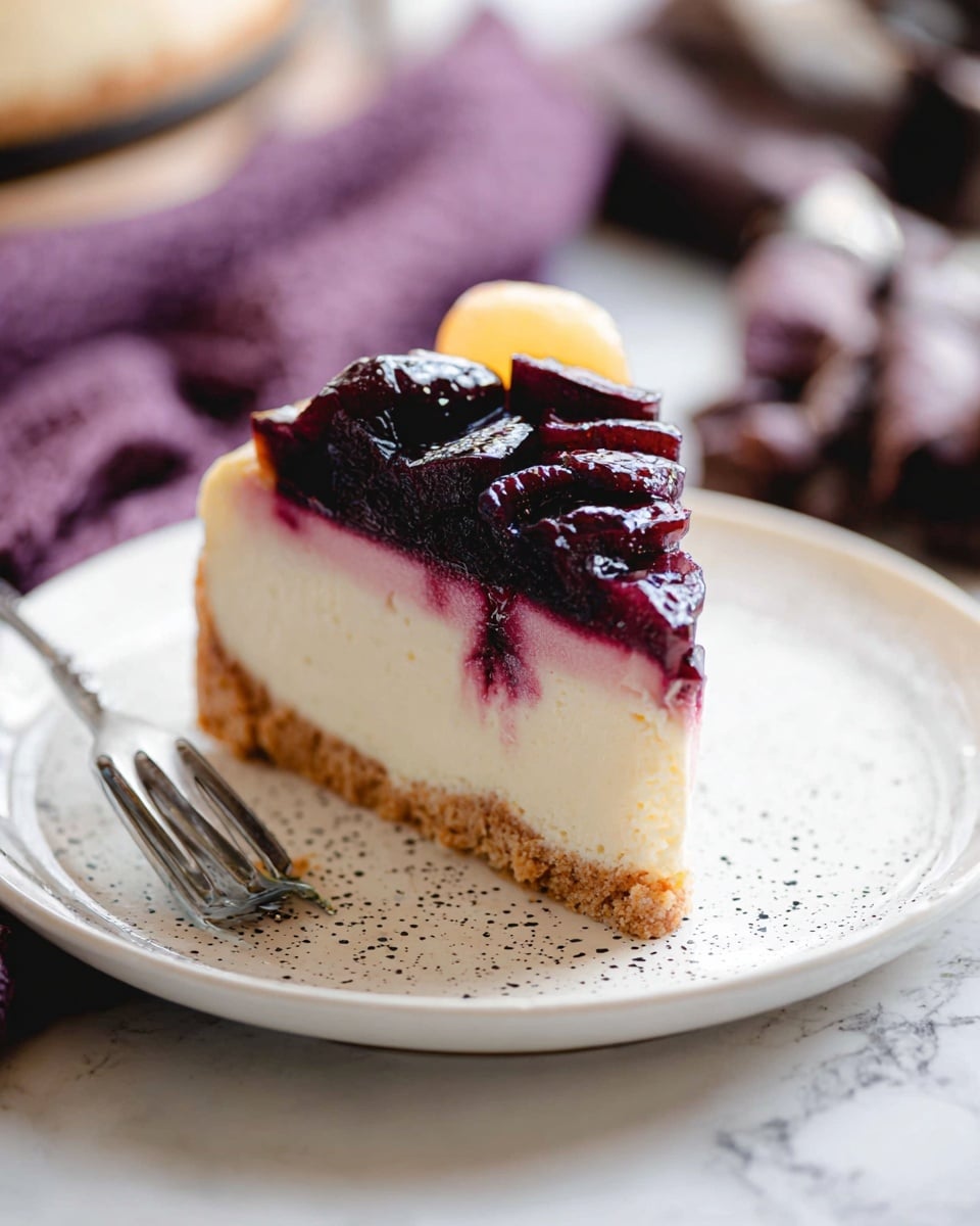 A thick cheesecake sits in a white round pan, with a golden brown crust making the base and sides. On top, thick slices of dark purple plums are arranged in a circular pattern near the edge and center, with creamy white sauce drizzled in swirls over the fruit and filling. The edge of the cheesecake is slightly cracked and browned, showing a soft texture inside. The cake is placed on a wooden board, and in the blurred background, there are green leaves and dark purple flowers all on a white marbled surface photo taken with an iphone --ar 4:5 --v 7