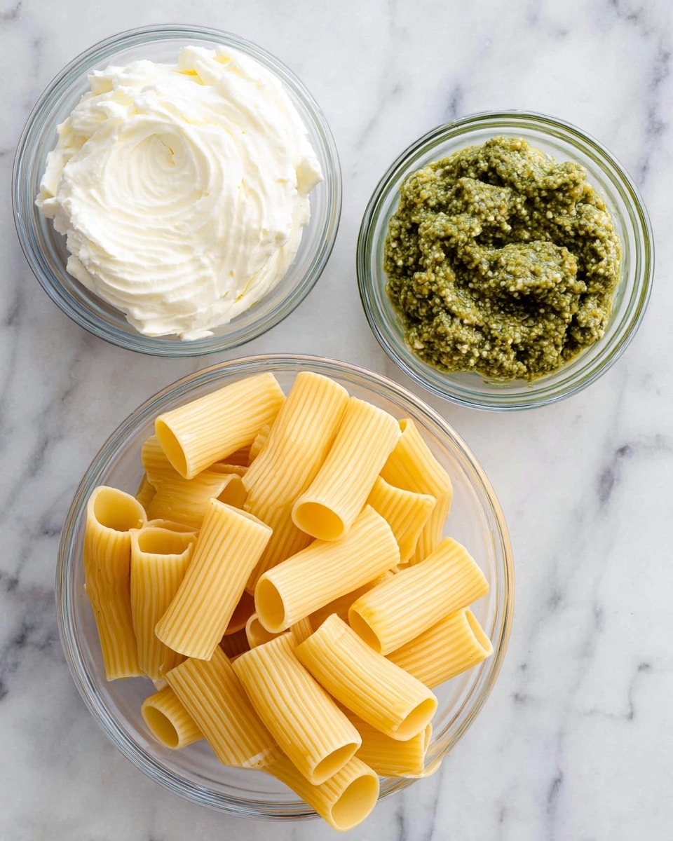 The image shows three clear glass bowls on a white marbled surface. The largest bowl at the bottom is filled with uncooked rigatoni pasta, which is light yellow with ribbed texture and hollow centers, arranged randomly but filling the bowl. The top left bowl contains a smooth, creamy white cheese with soft, slightly uneven swirls on its surface. The top right bowl holds a green pesto sauce, textured with small bits of herbs and nuts, showing a rough and fresh look. The bowls are spaced evenly apart, photographed from above. photo taken with an iphone --ar 4:5 --v 7