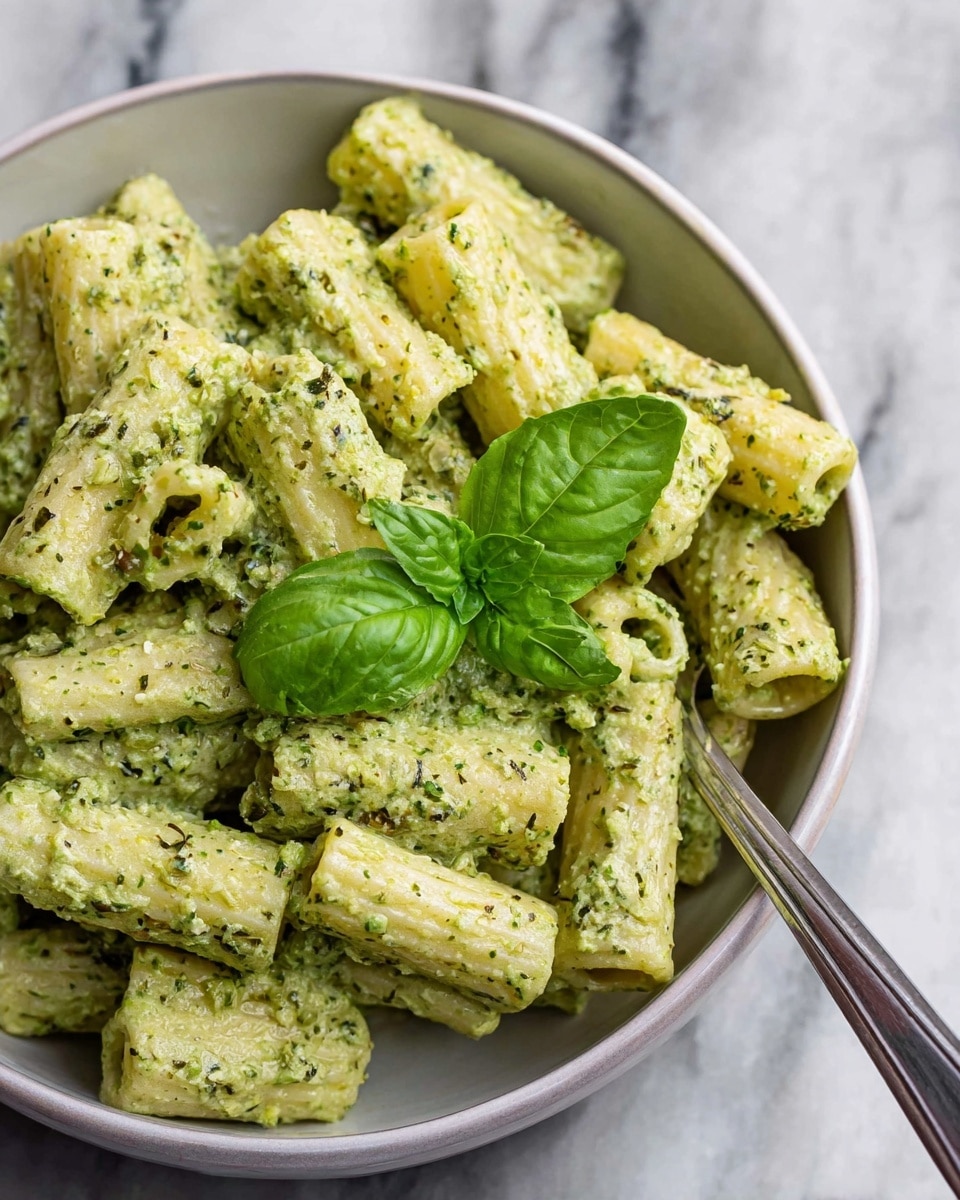 This image shows a close-up of rigatoni pasta covered in a creamy green pesto sauce. The pasta pieces are thick and ridged, coated evenly with the green sauce that has a slightly chunky texture from herbs. In the middle, there is a garnish of bright green basil leaves adding a fresh touch. The pasta sits in a white bowl with a silver fork resting on the side. The background features a white marbled surface. Photo taken with an iphone --ar 4:5 --v 7